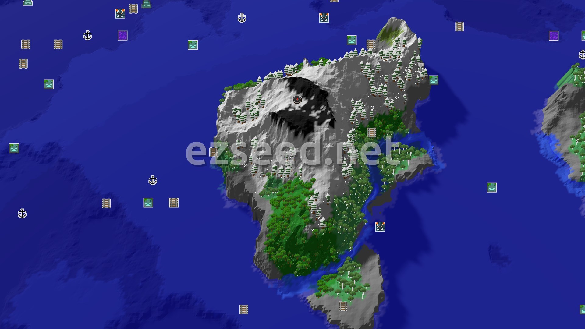Aerial Minecraft seed map — Spawn in Snowy Jagged Peaks with an Ocean View