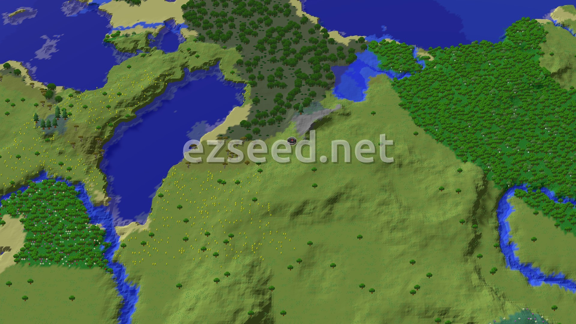 Aerial Minecraft seed map — Spawn in a Plains Village with Nearby Hills and Forest