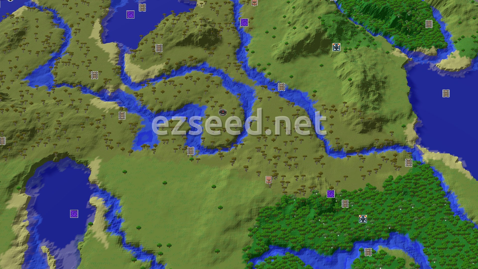 Aerial Minecraft seed map — Savanna Start with a Nearby Village and Trial Chambers