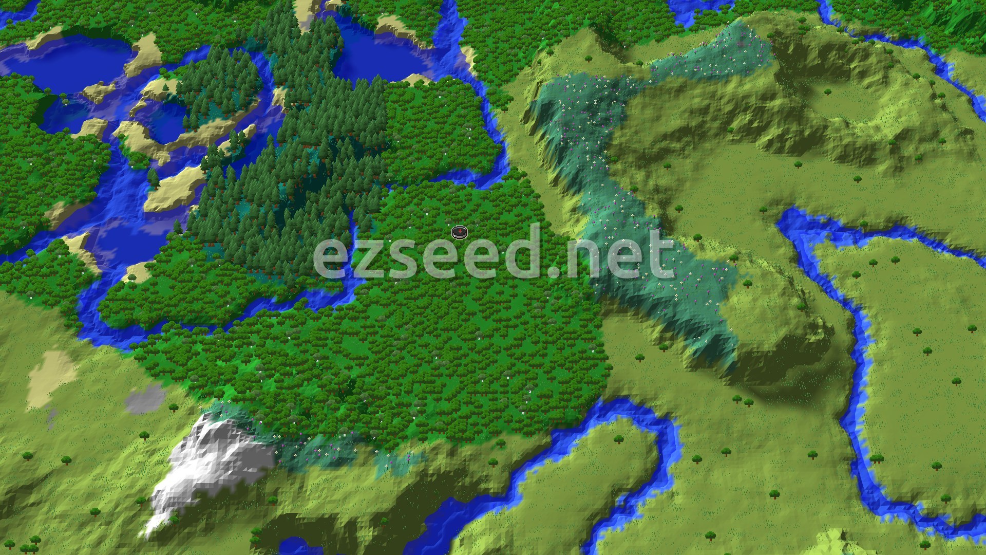 A vast forest surrounding the spawn point, with a winding river and distant plains and mountains.