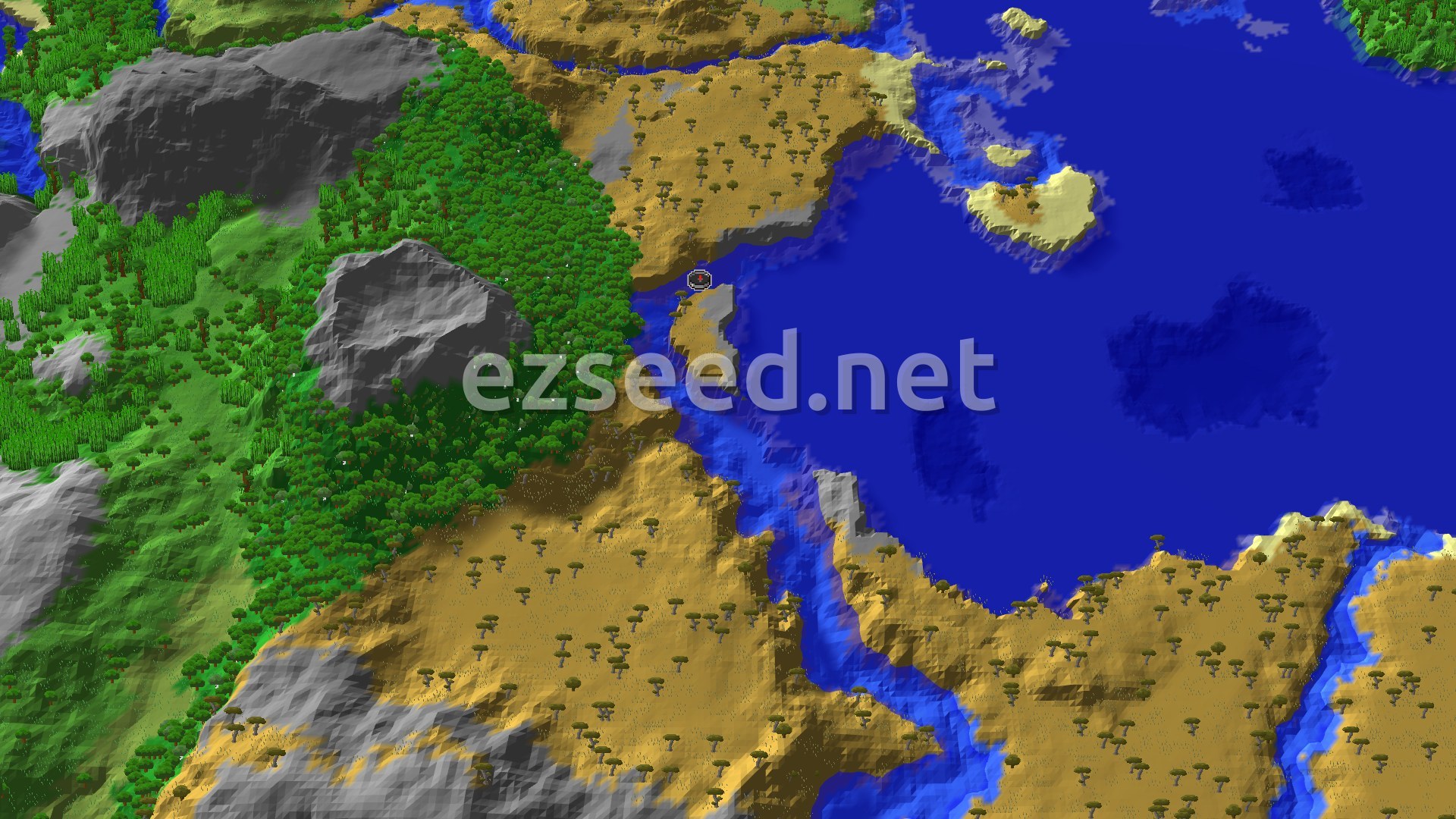 Aerial Minecraft seed map — Savanna Spawn With Nearby Ancient City