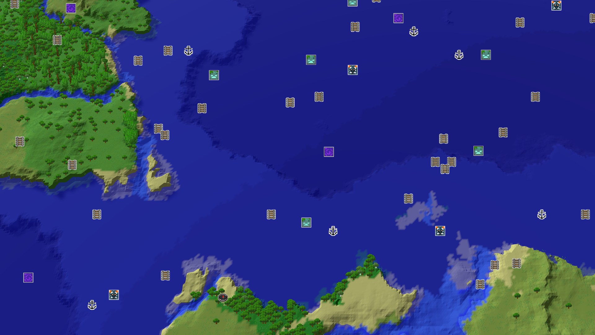 A 3D fly-over of a world showing a beach and a large body of ocean, with green plains and forests making up the rest of the visible land.