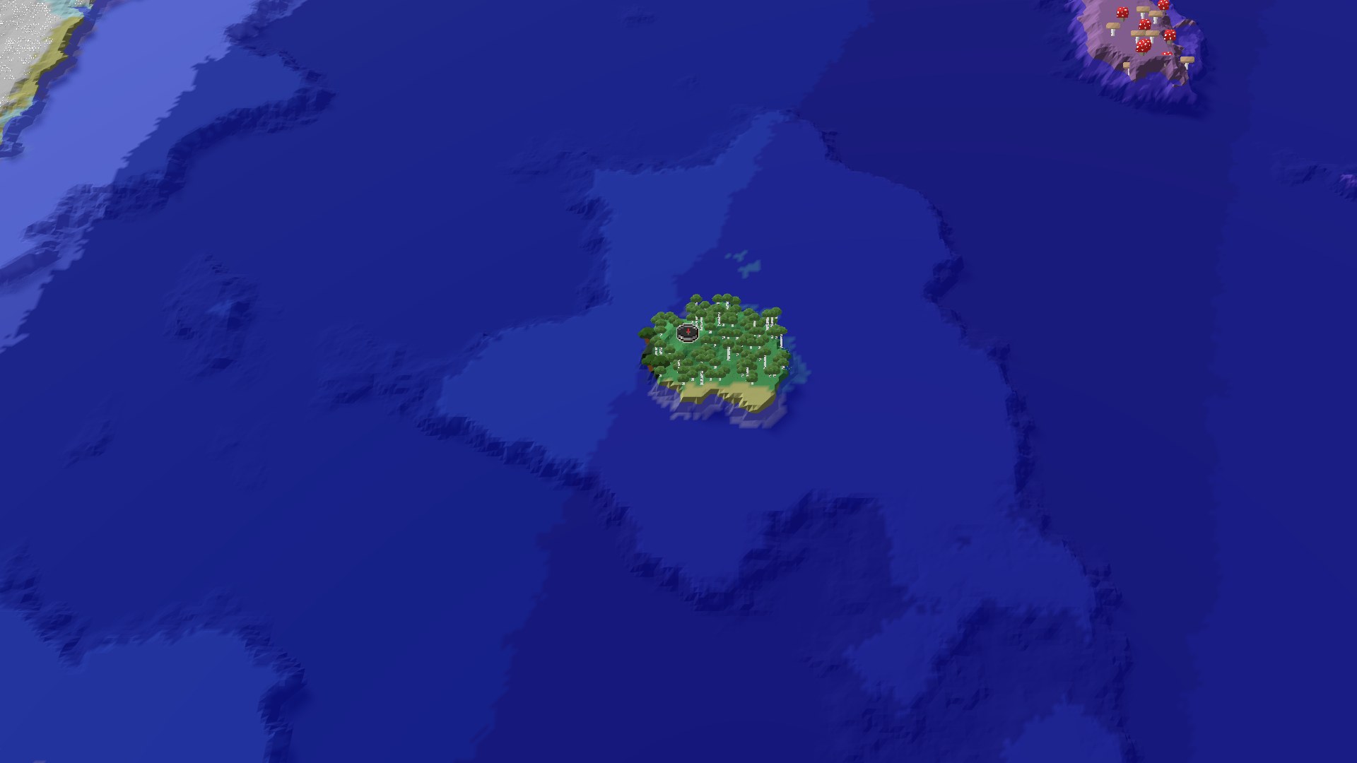Aerial Minecraft seed map — Spawn on a Small Birch Island with Mushroom Fields Nearby