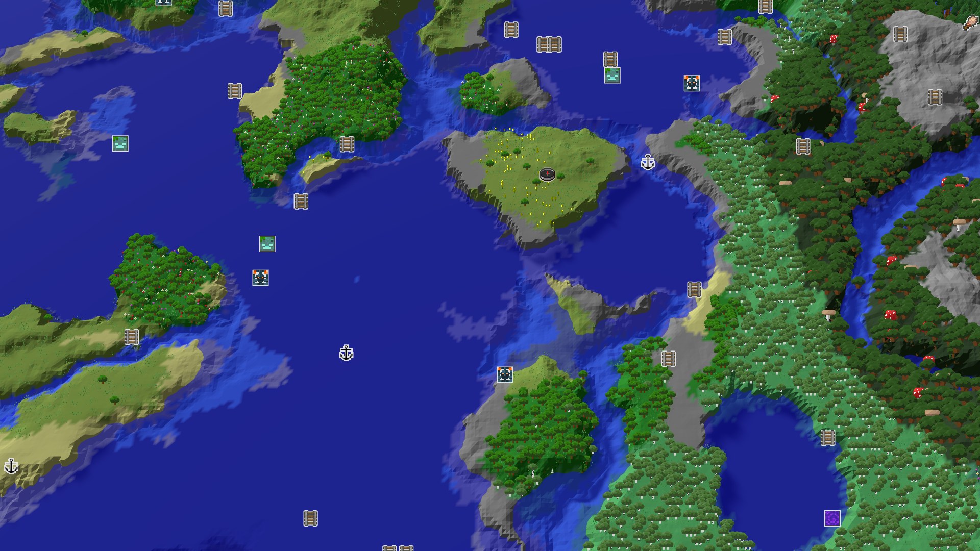 An aerial 3D render of the spawn area, showing a small island with sunflowers surrounded by water, with a larger forested landmass to the east.