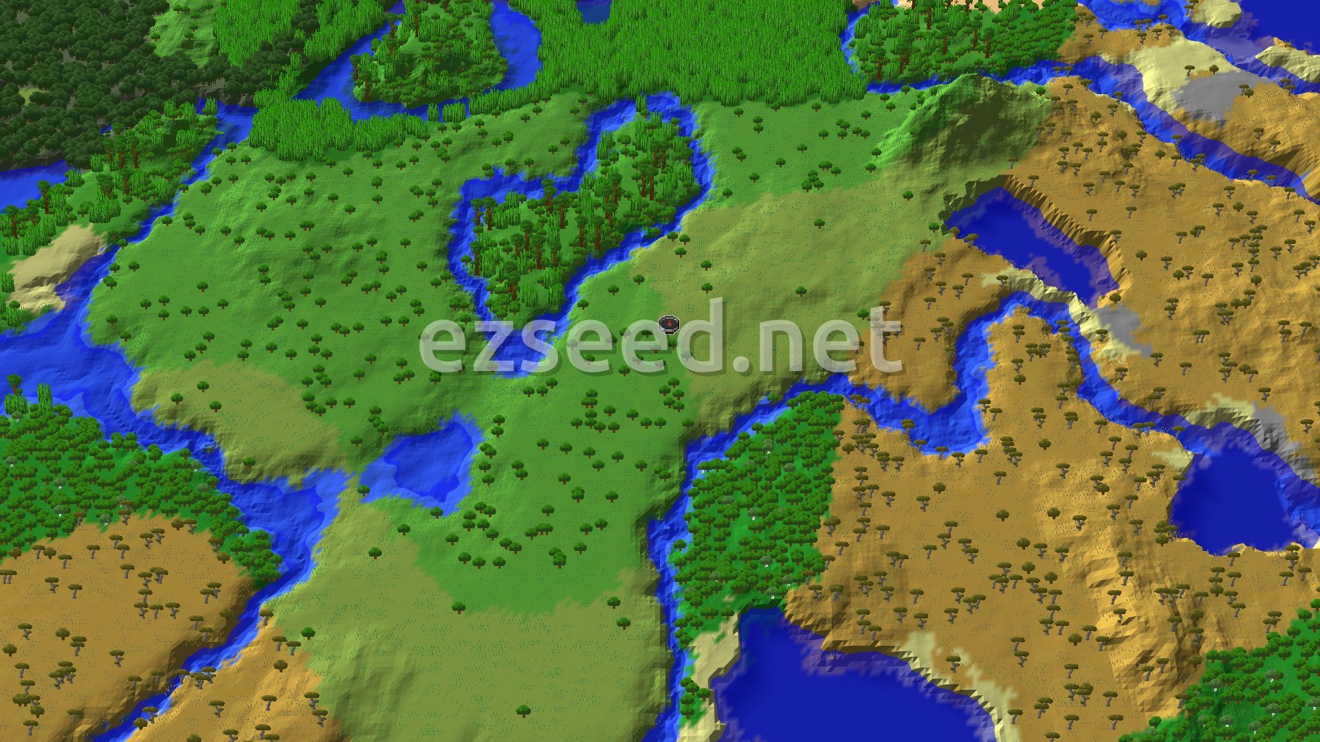 An aerial view of a Minecraft world showing a mix of green jungle and savanna biomes, with rivers winding through the landscape and a small spawn marker in the center.