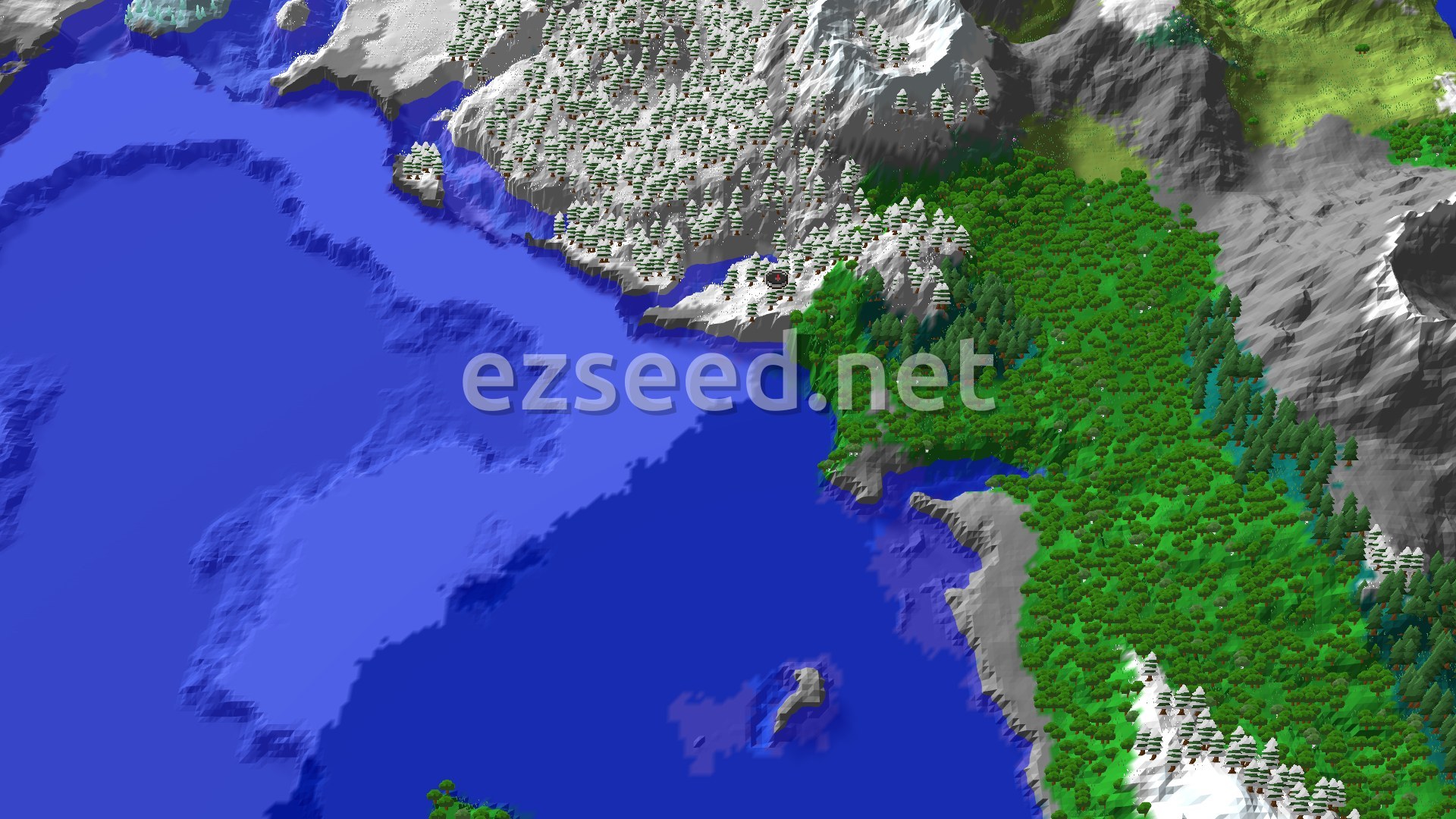 Aerial Minecraft seed map — Frozen Peaks and Coastal Forests Near Spawn