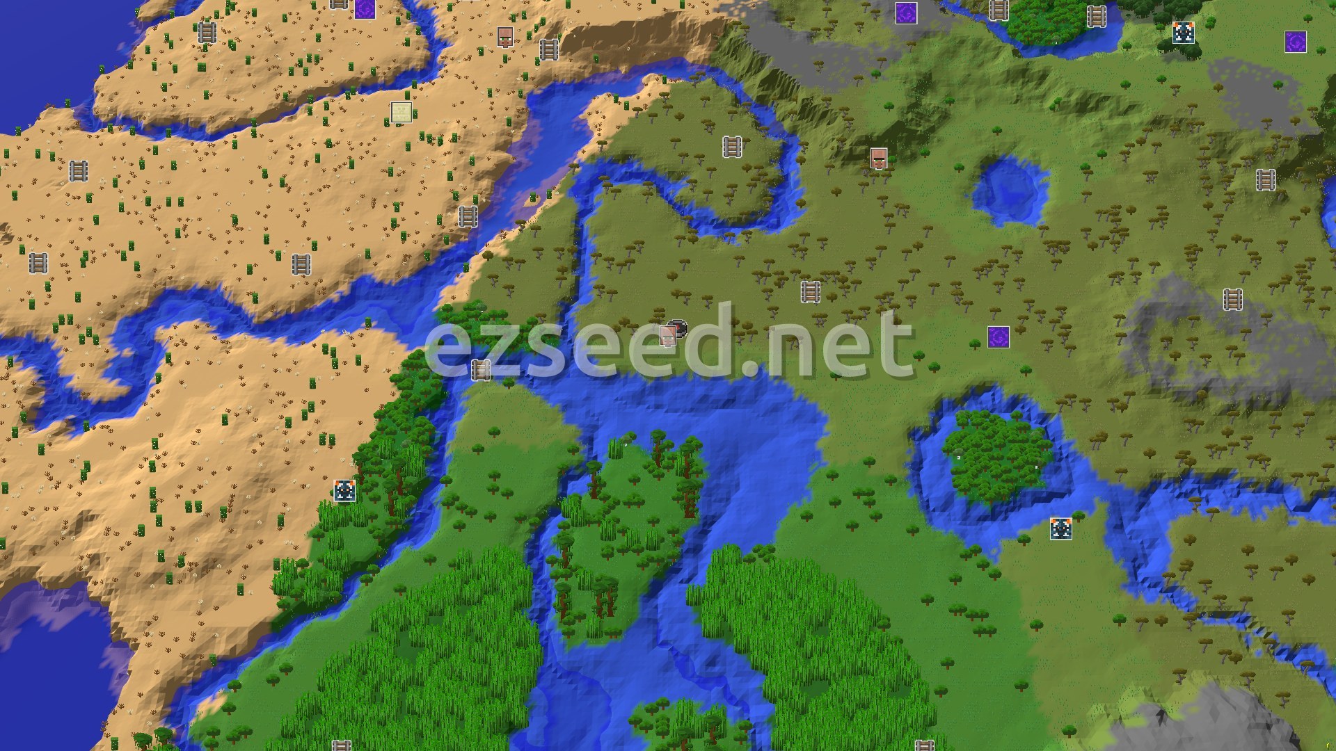 Aerial Minecraft seed map — Savanna Start with a Close Village and Distant Peaks