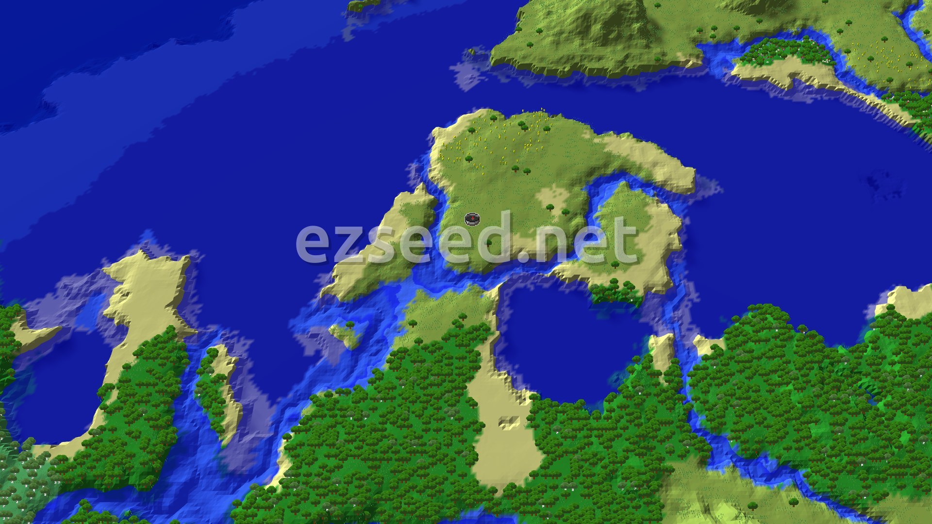 An overhead view of a diverse landscape featuring a large ocean, multiple islands, and large forested areas with patches of plains, all under a blue sky. A small black spawn marker is visible near the center of a plains island.
