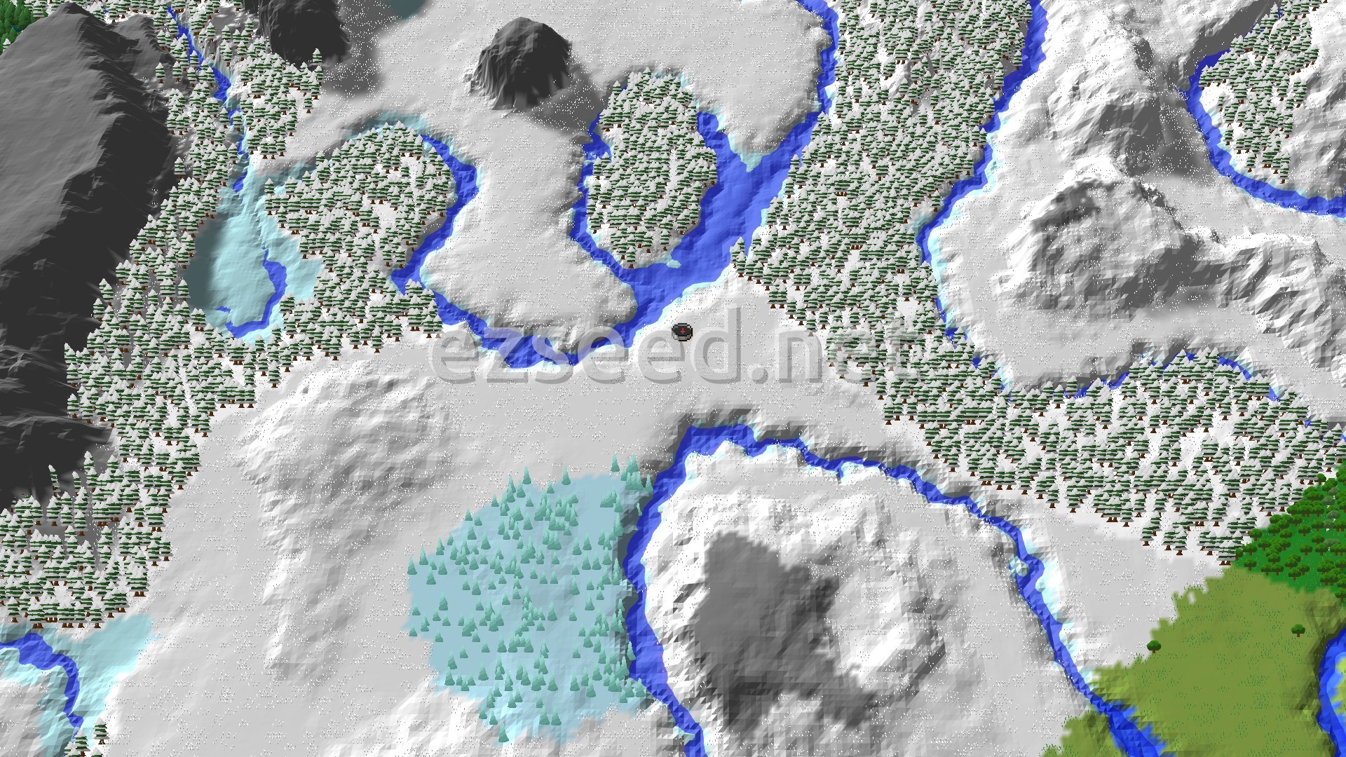 A 3D fly-over rendering of a snowy plains biome with winding frozen rivers, scattered evergreen trees, and distant hills, with a small marker at the spawn point.