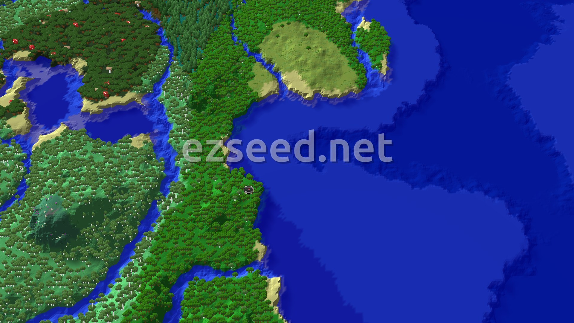 A 3D aerial view of a dense forest biome next to a large blue ocean, with a spawn marker visible near the coast.