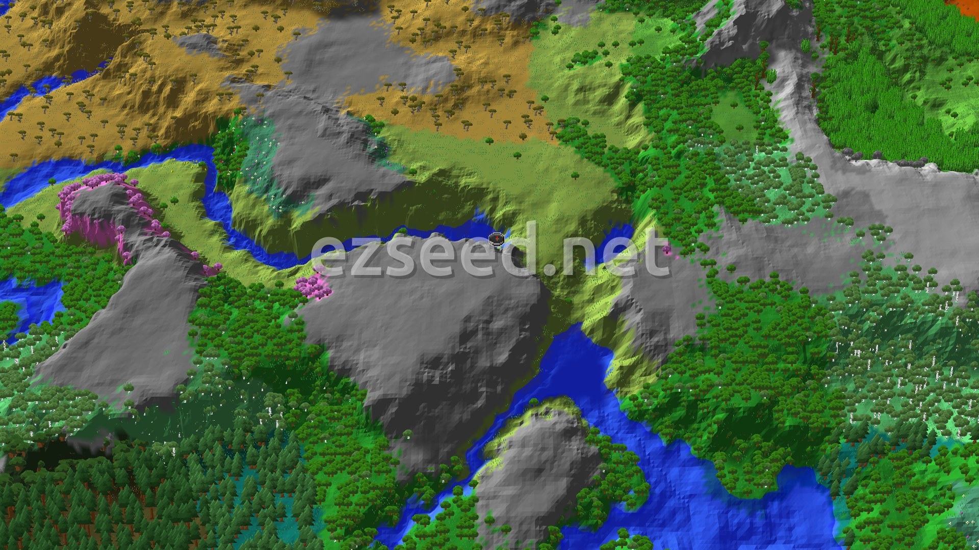 Aerial Minecraft seed map — Ancient City Near Spawn & Cherry Grove Mountain