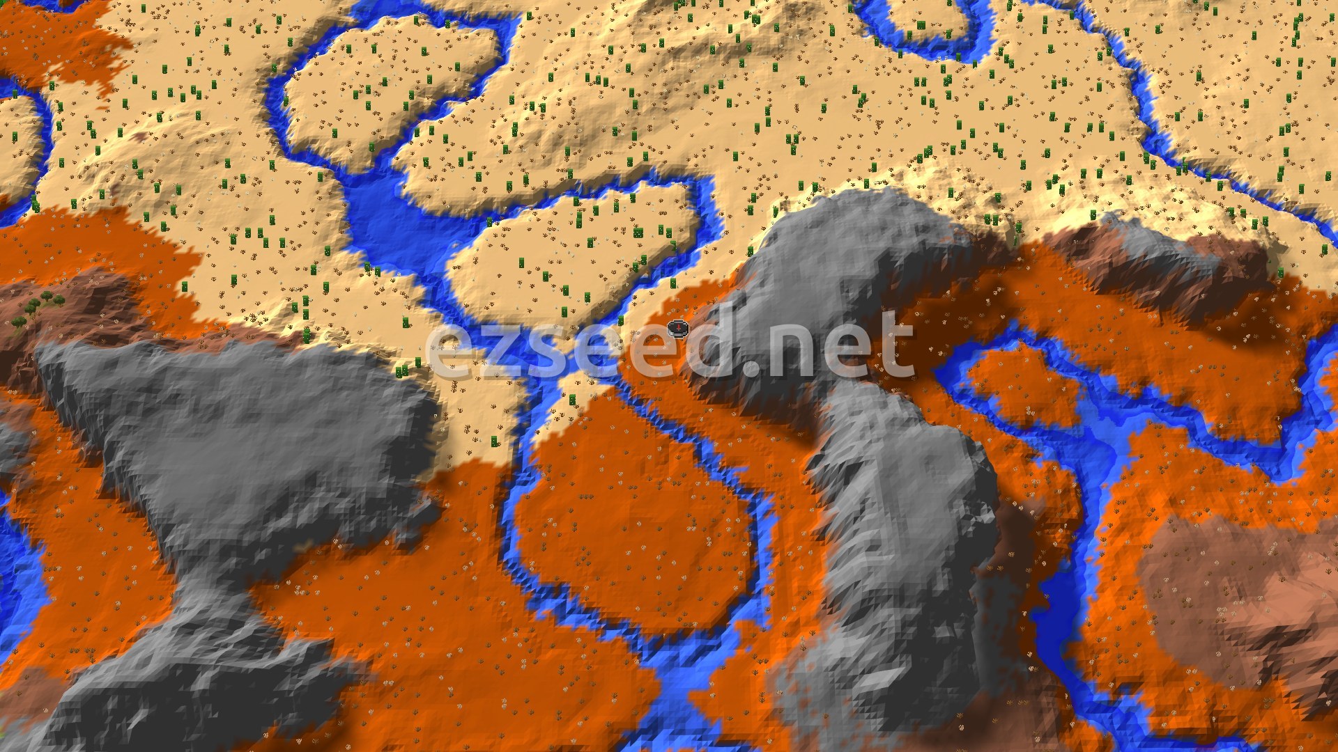 Aerial Minecraft seed map — Spawn in Badlands, Ancient City About 650 Blocks Away