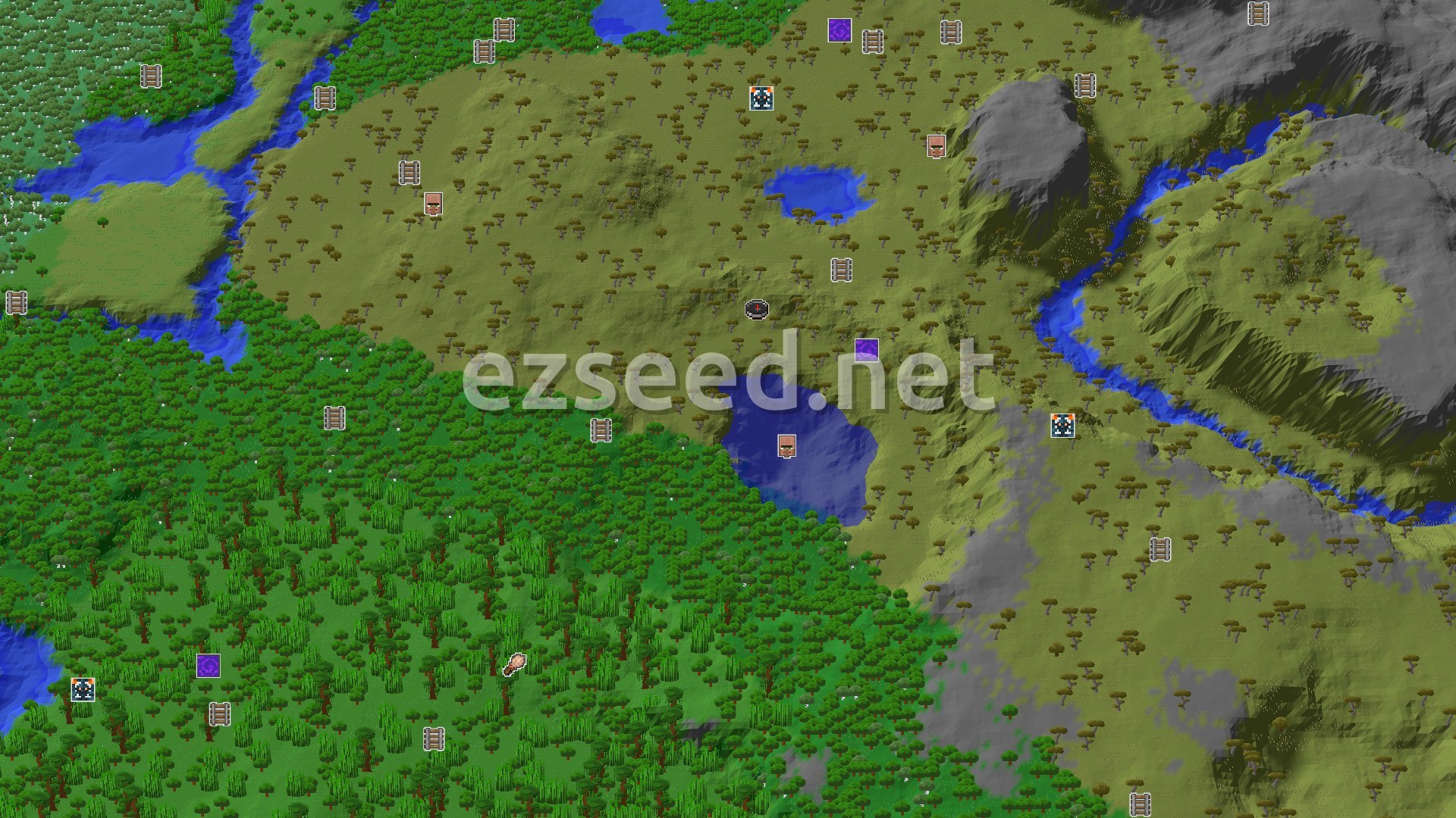 Aerial Minecraft seed map — Savanna Spawn with Jungle and Mountains Nearby