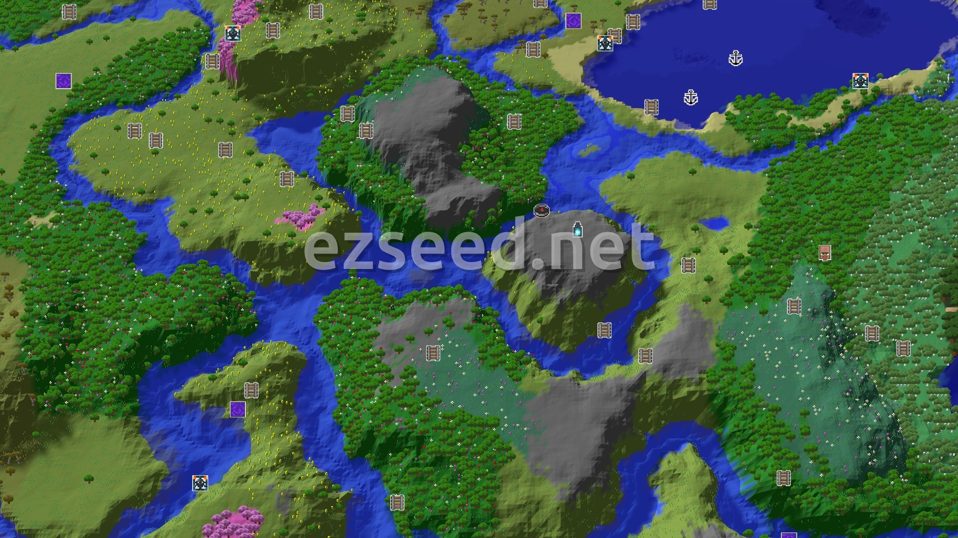 Aerial Minecraft seed map — Ancient City and Cherry Grove Near Spawn