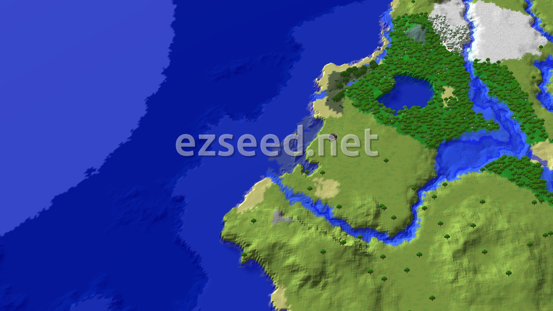 An aerial 3D view of a Minecraft world showing a spawn marker in a grassy plains area. To the left is a large blue ocean. A river winds through the green landscape, connecting to the ocean. Patches of forest dot the terrain, and in the distance, snowy hills are visible.
