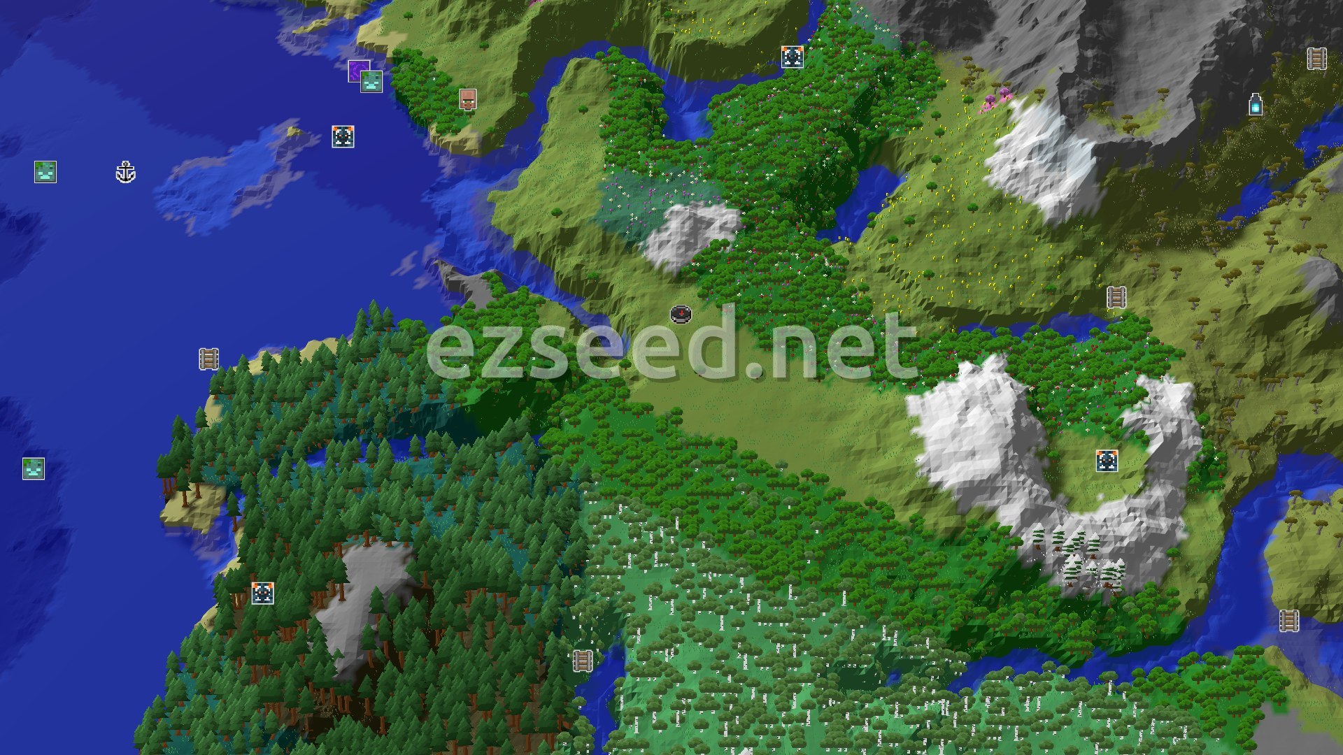 Aerial Minecraft seed map — A Central Plains Spawn with Nearby Snowy Slopes