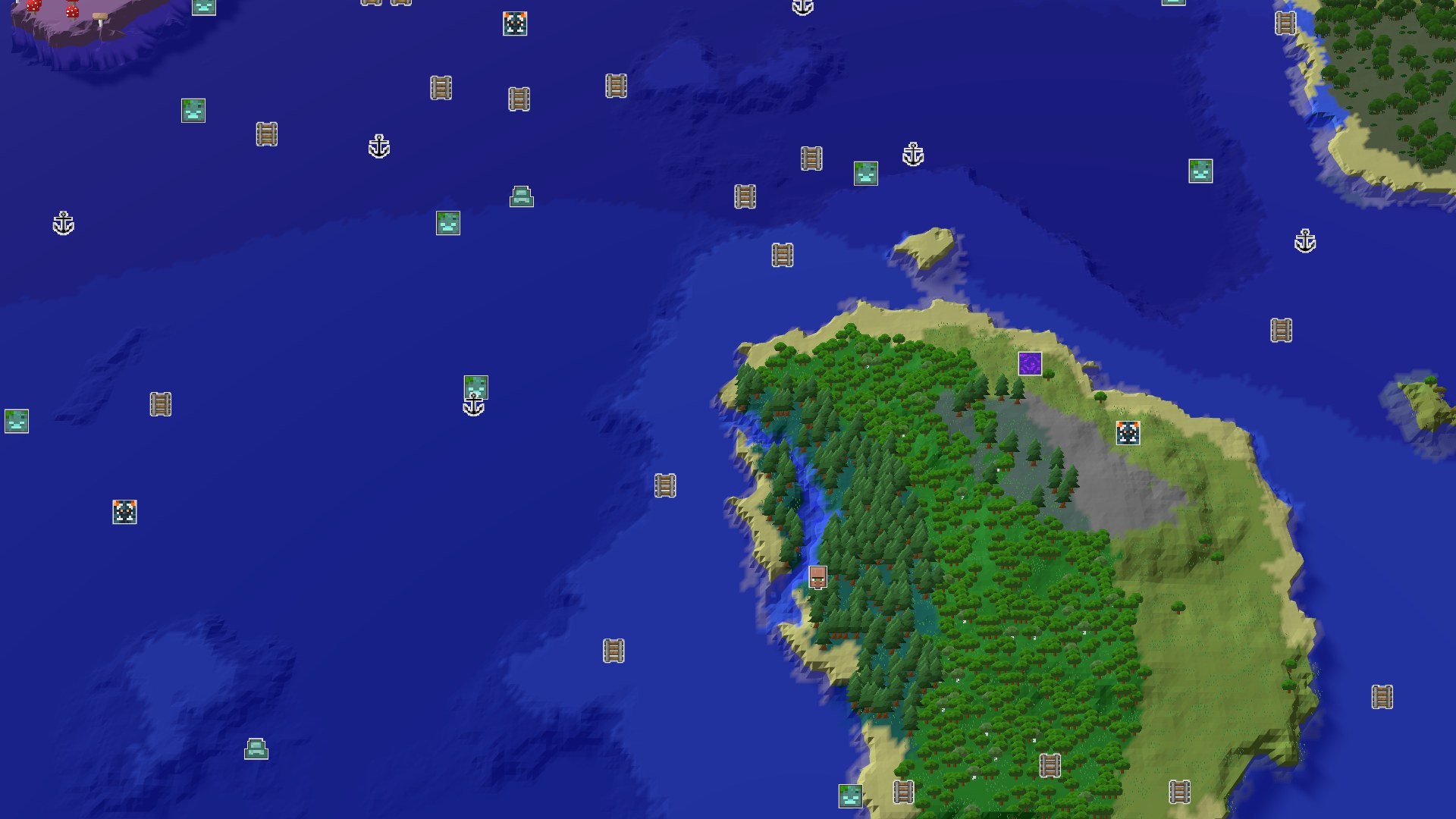 Aerial Minecraft seed map — Desert Spawn with Nearby Pyramid and Lush Caves