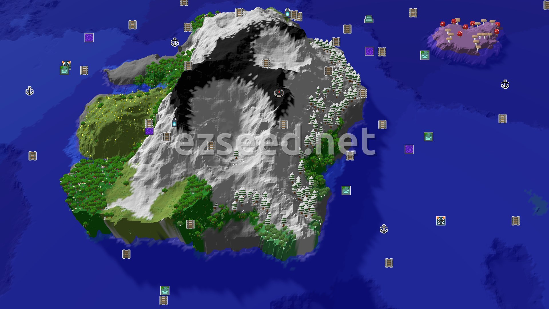 Aerial Minecraft seed map — A Jagged Peaks Spawn with an Ancient City Nearby