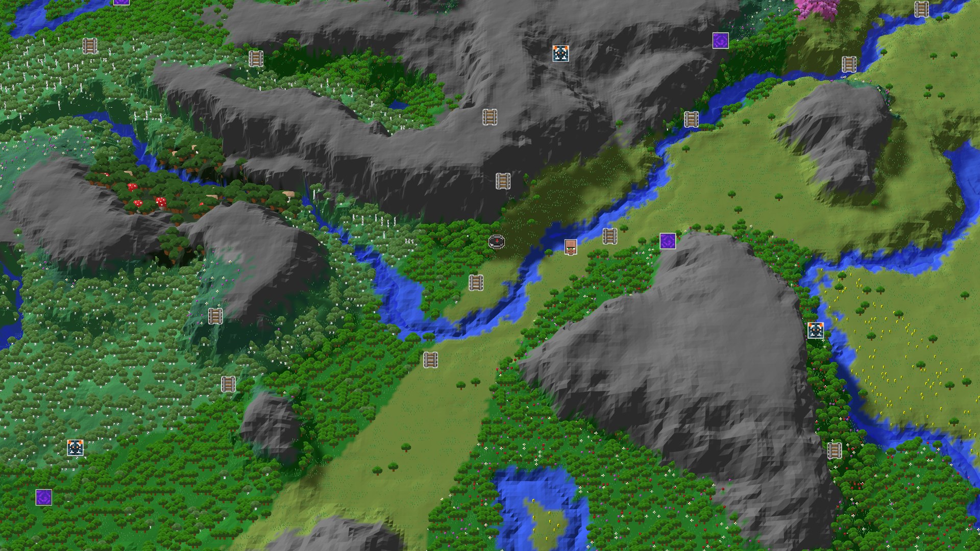An aerial view of a varied landscape featuring a central plains biome, surrounded by dense forests, a winding river, and a few rugged mountains.