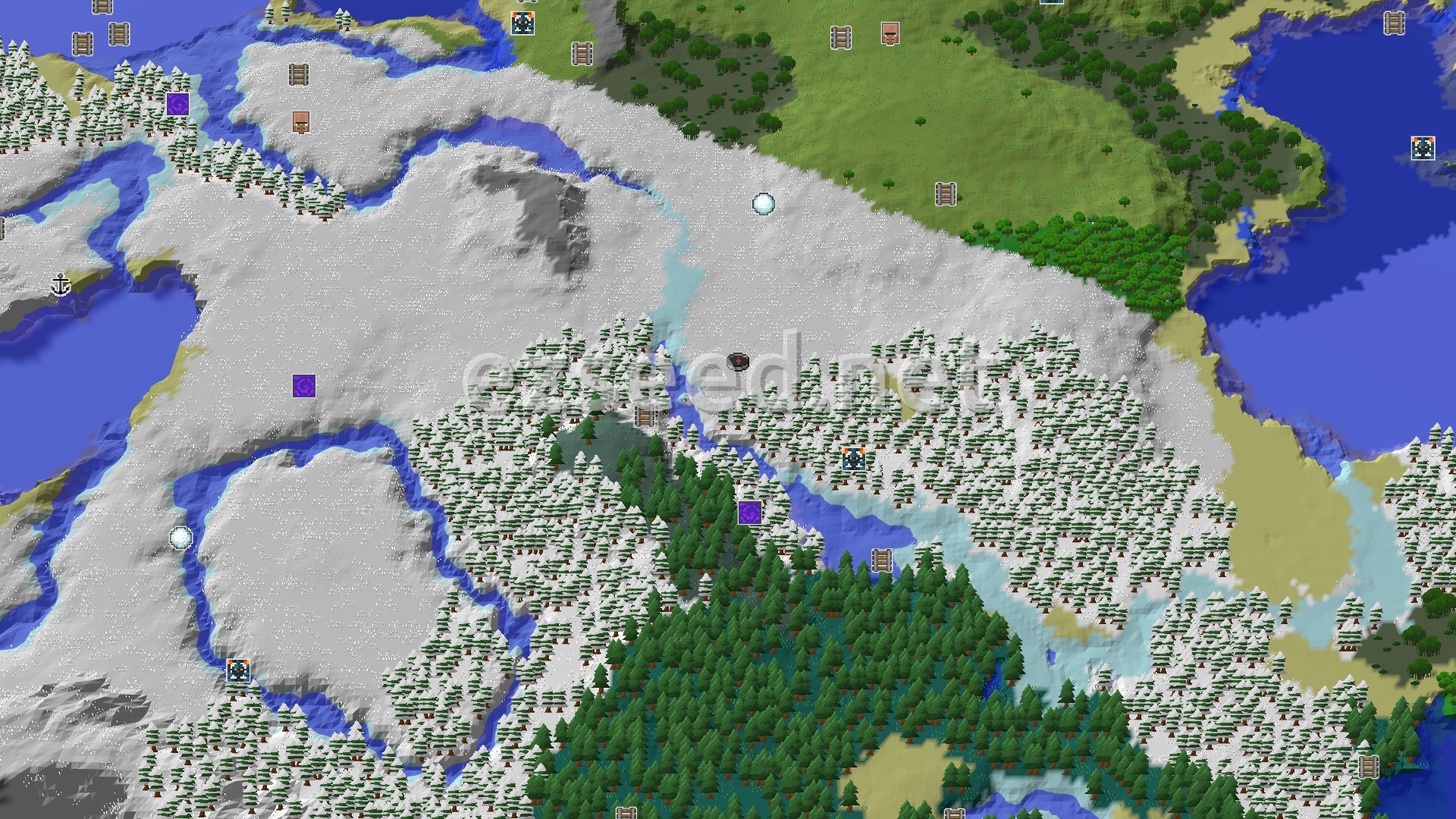 Aerial Minecraft seed map — Frosty Start, Windswept Hills and a Nearby Trial Chamber