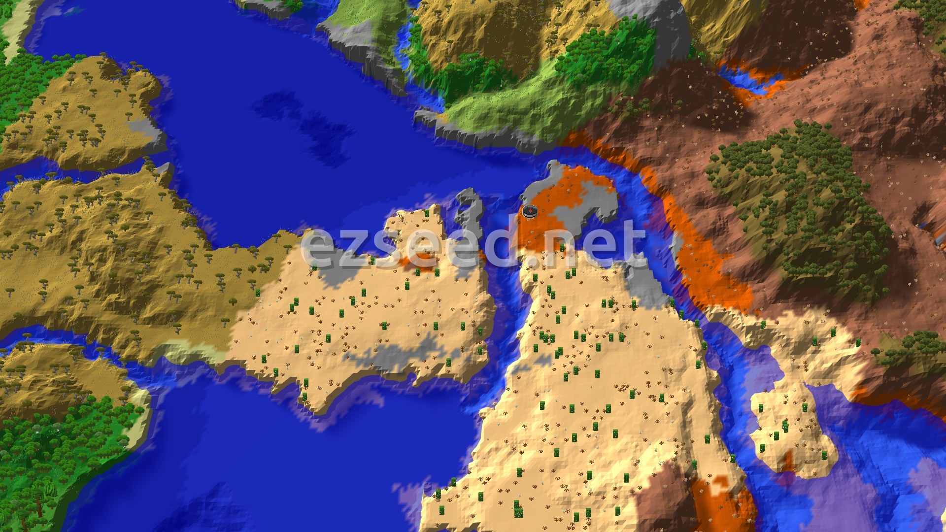 Aerial Minecraft seed map — Pillager Outpost Near Badlands Spawn