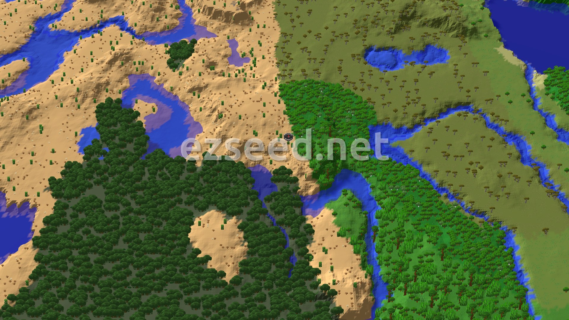 Aerial Minecraft seed map — Double Temple Spawn: Desert Pyramid and Jungle Temple