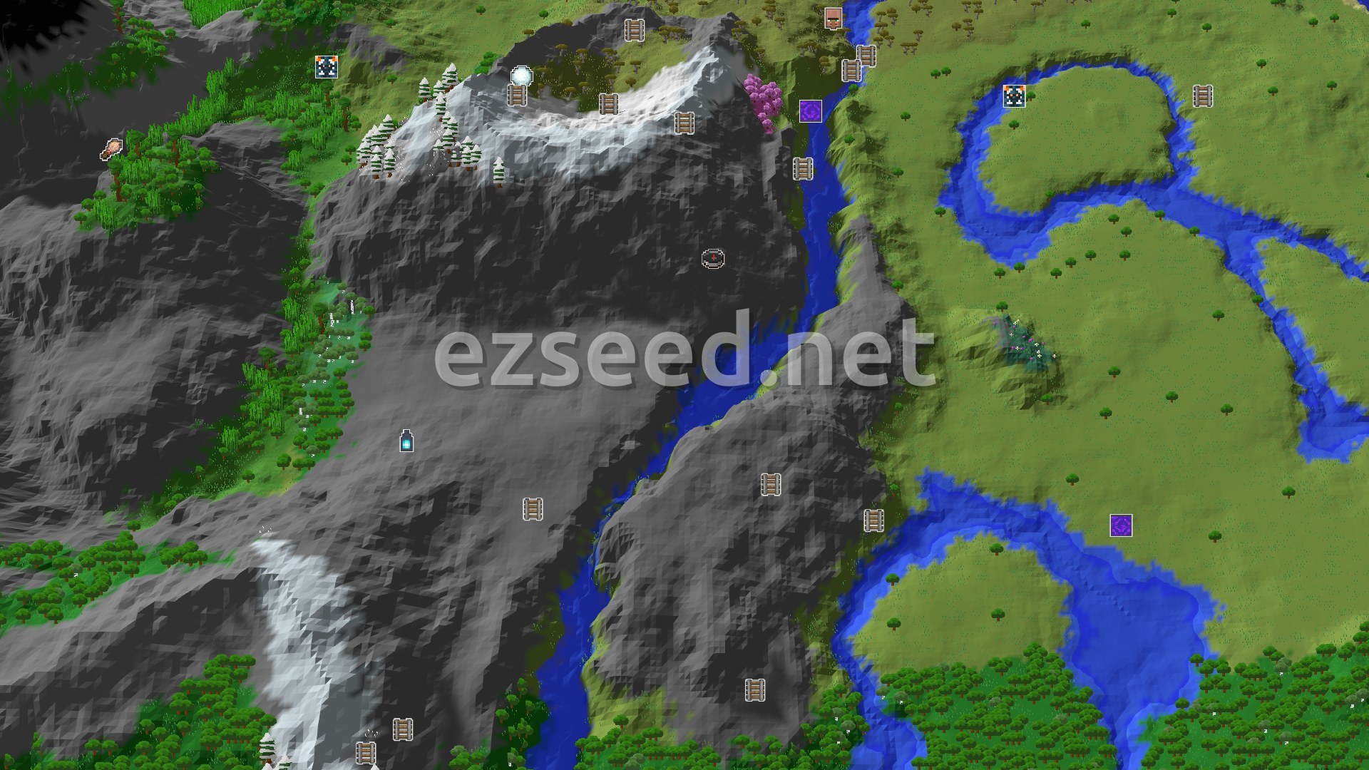 Aerial Minecraft seed map — Spawn in Plains, Explore Nearby Mountains and Jungles