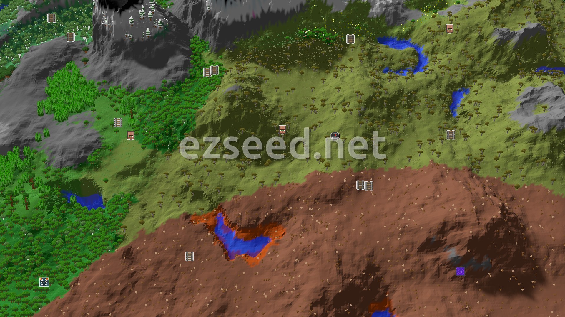 Aerial Minecraft seed map — Savanna Spawn with Badlands and Mountains Nearby