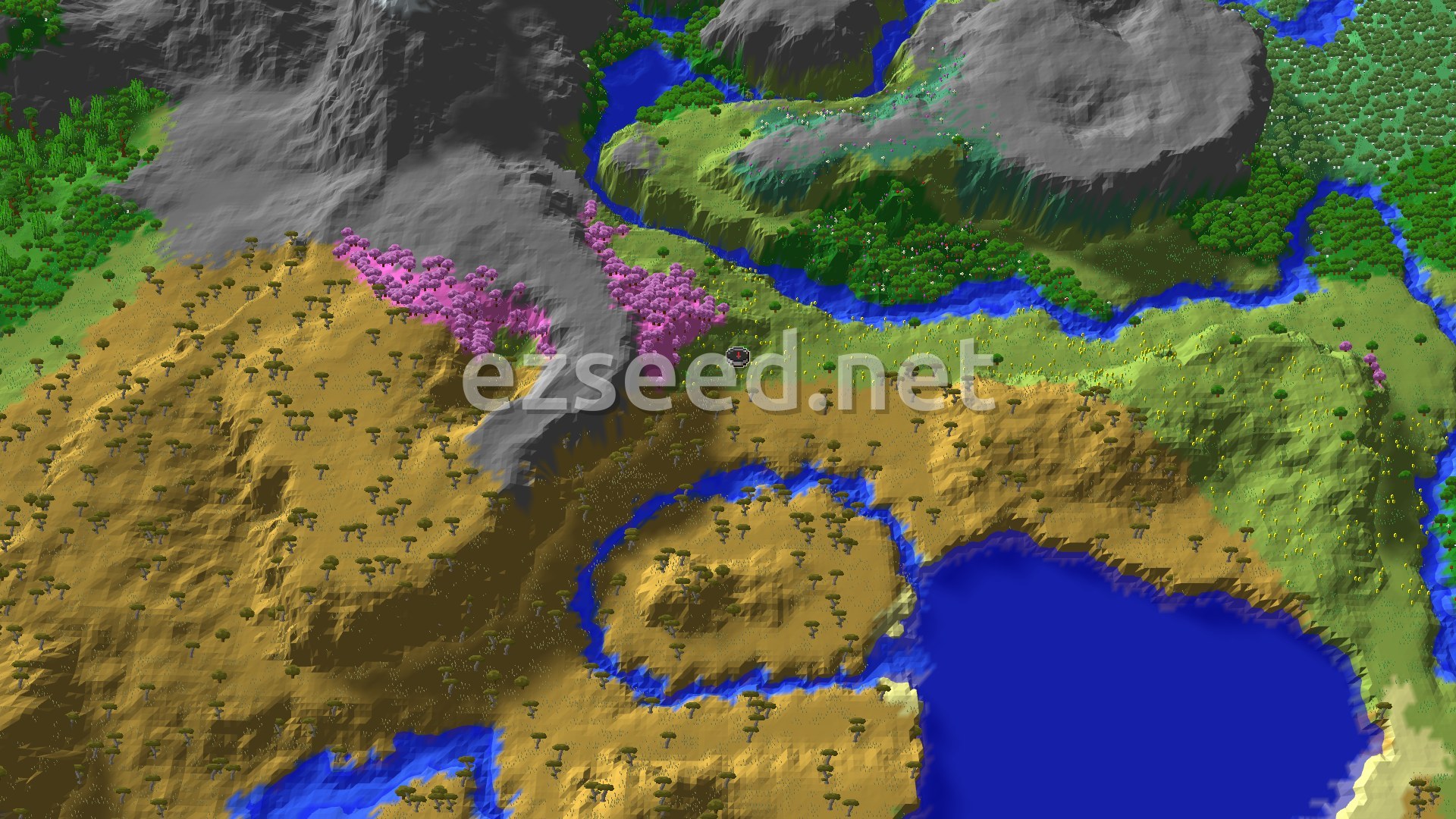 A 3D overhead view of a diverse landscape featuring a central spawn marker in a flat, grassy area. To the south and west are golden-brown savanna hills with scattered trees. To the north are gray, rocky mountains, with a vibrant pink cherry grove nestled at their base, bordering a lush green forest. Rivers and bodies of water weave through the terrain.