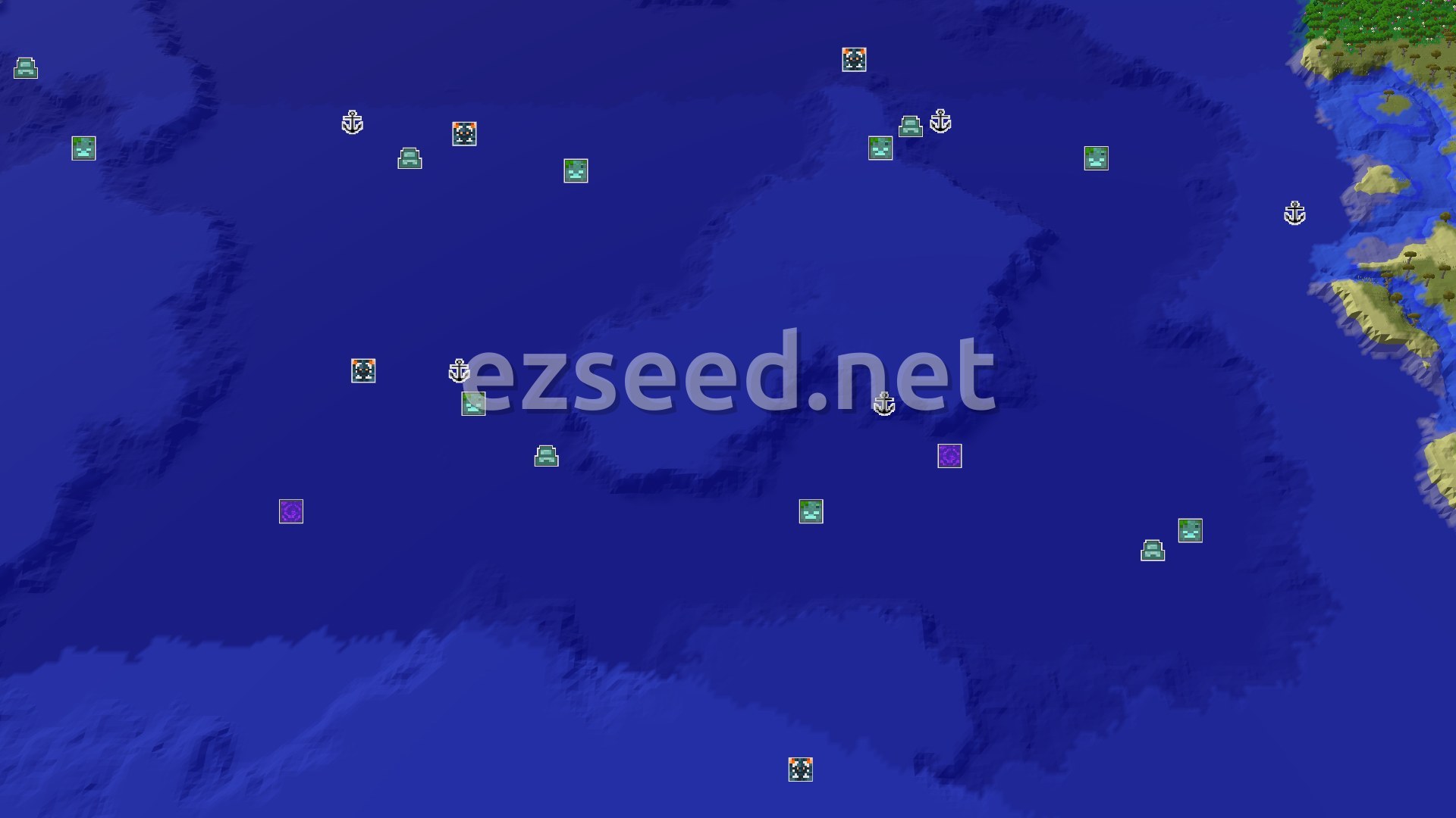 Aerial Minecraft seed map — A Modest Plains Spawn with Nearby Mineshaft and Ocean Views