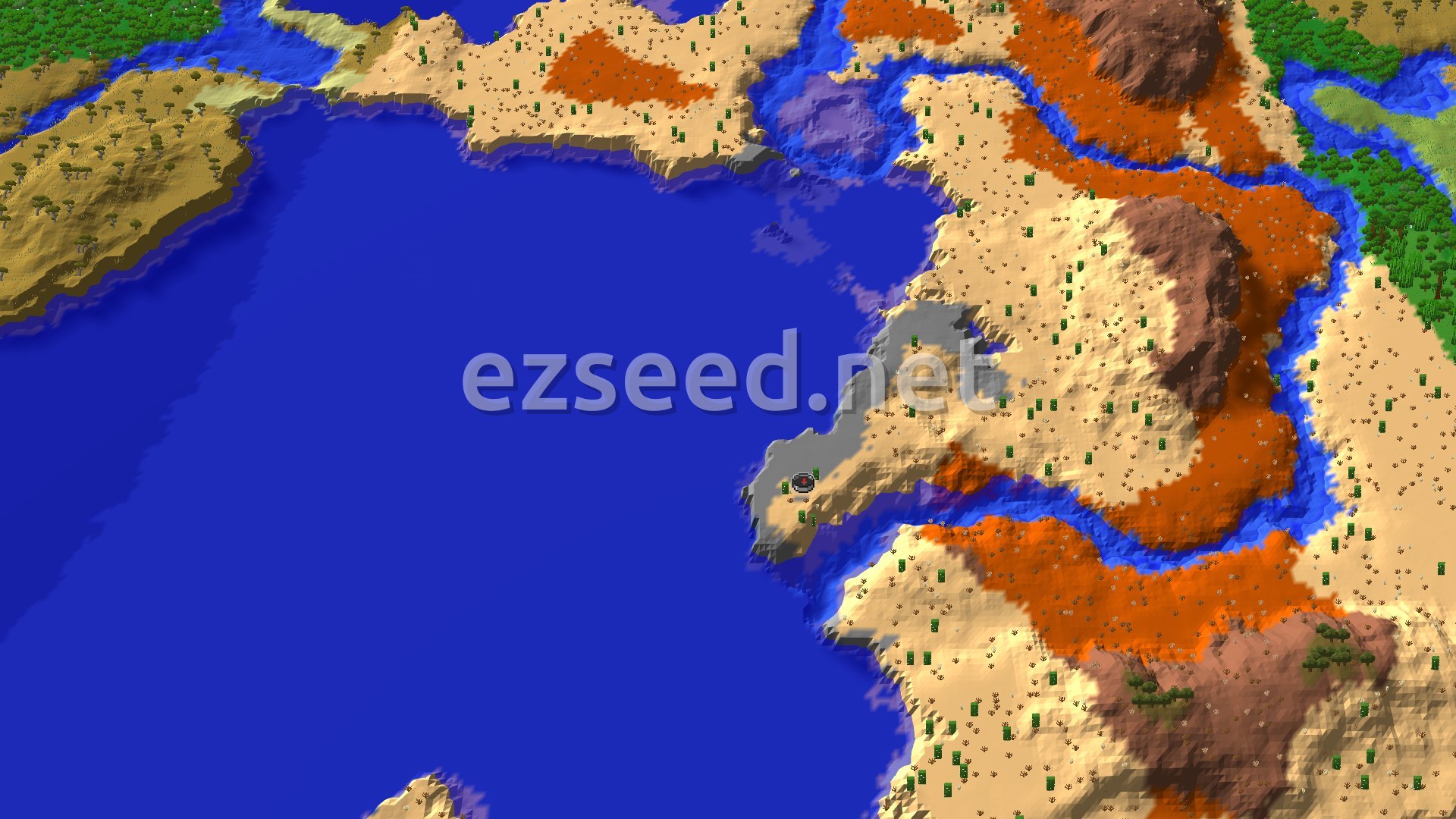 An overhead view of a vast desert landscape, featuring a large body of water, some scattered trees, and hints of badlands terrain. A small spawn marker is visible near the water's edge.