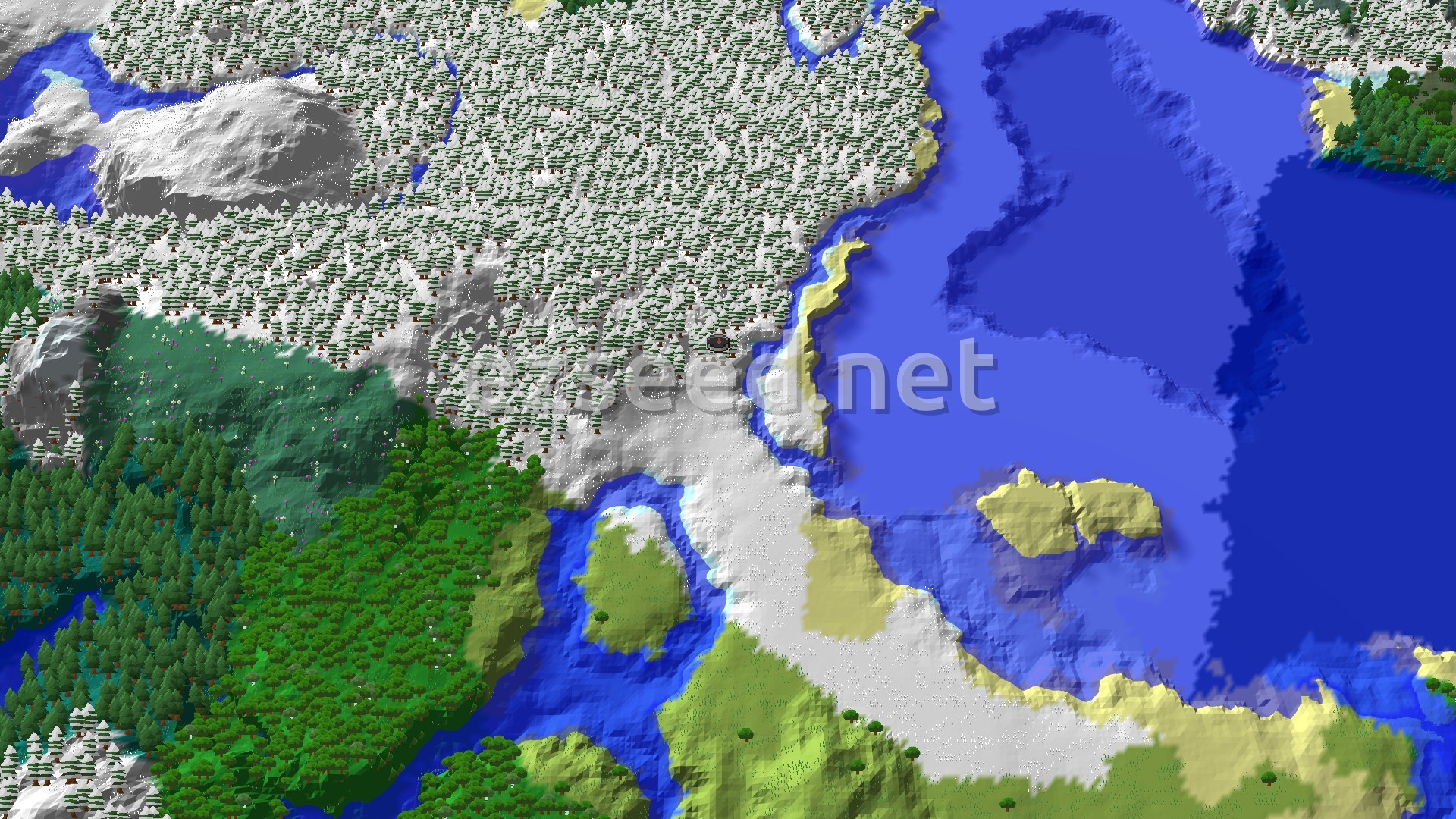 Aerial Minecraft seed map — Snowy Taiga Spawn with a Trial Chambers Near