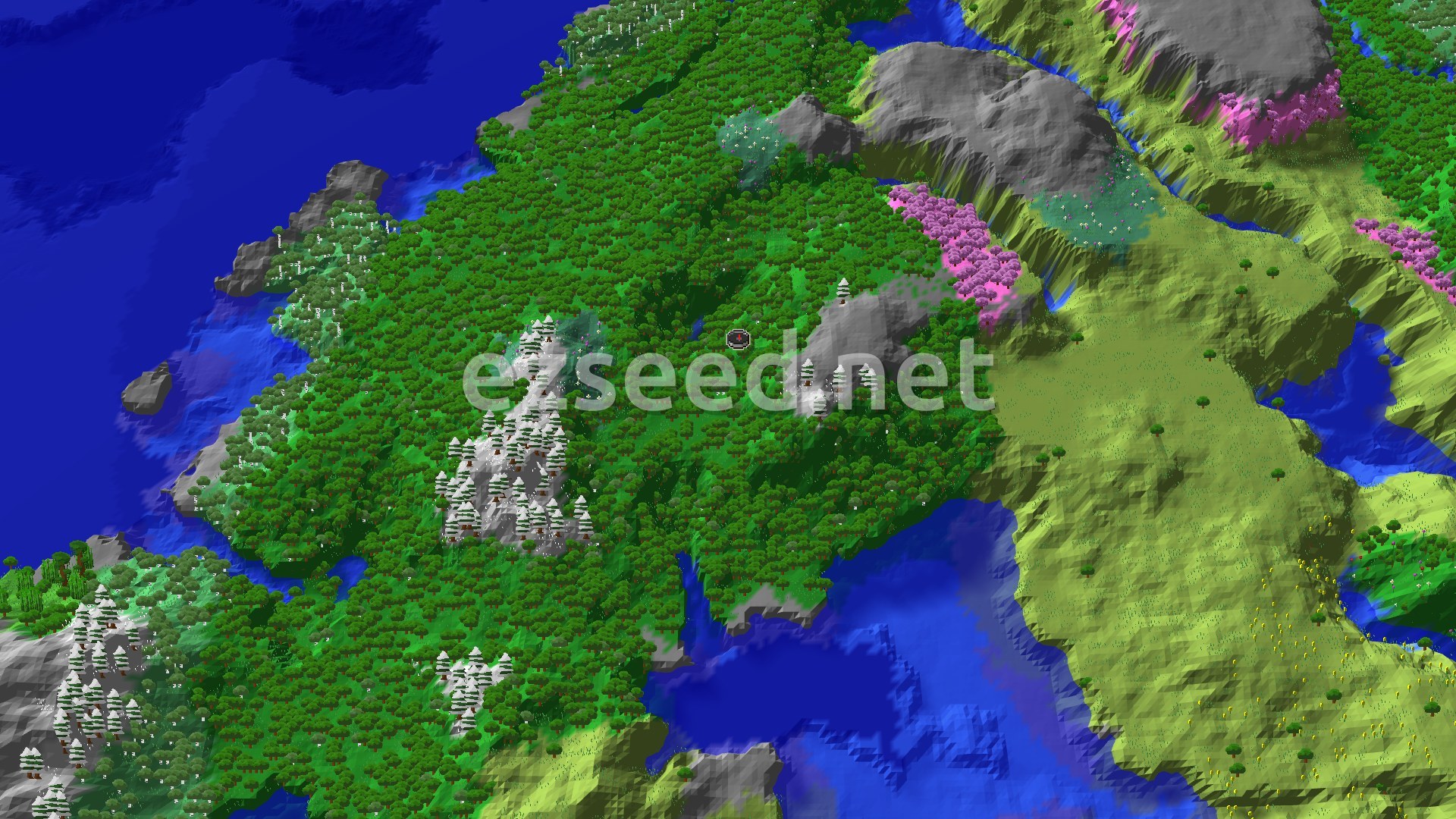 Aerial Minecraft seed map — Forest Spawn with Nearby Cherry Grove and Trial Chambers