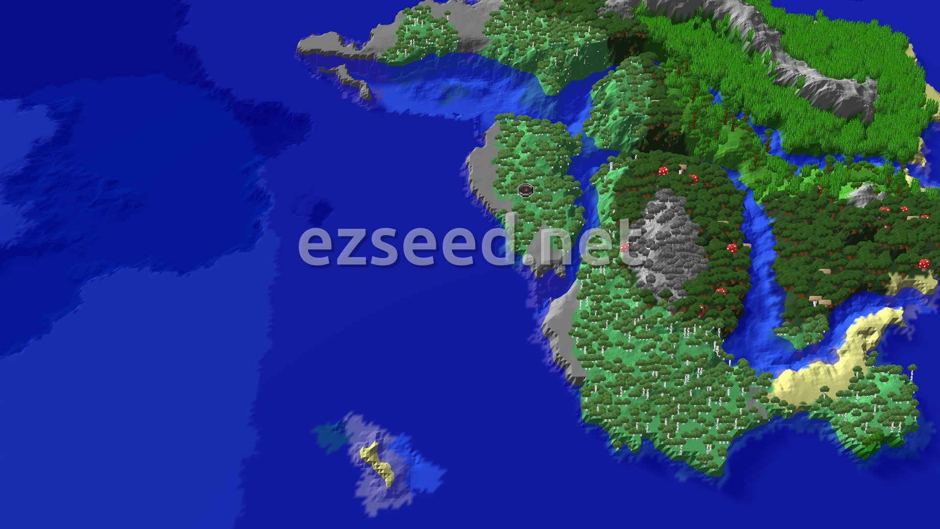 An overhead 3D view of a Minecraft world dominated by green forests, a prominent gray mountain, and blue oceans. A small spawn marker sits in a birch forest near a stony shore.