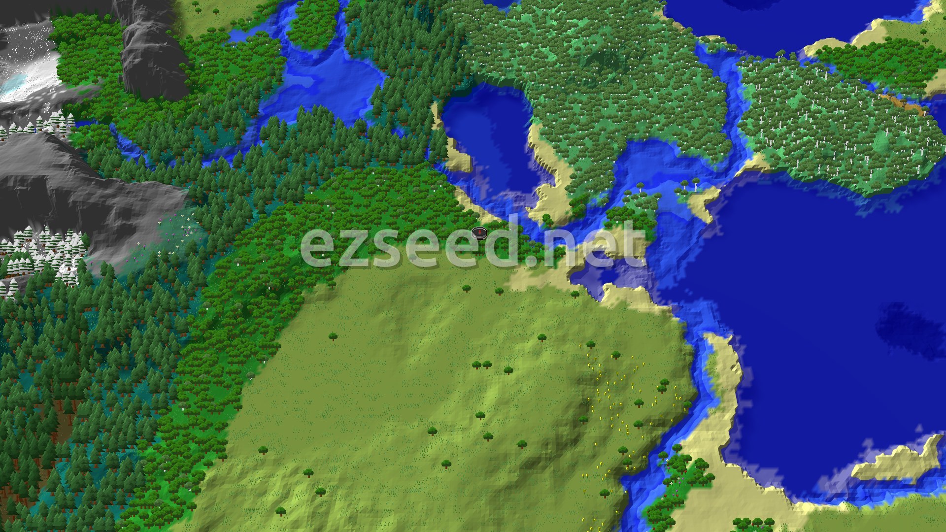 An overhead isometric view of a Minecraft landscape, showing a forest at the top left transitioning into plains towards the bottom right. A large body of water with sandy shores is visible to the right, with smaller lakes and rivers interspersed.