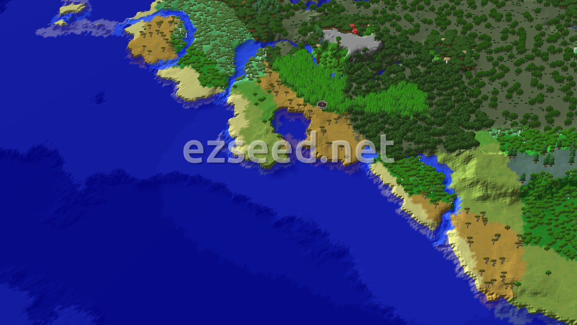 Aerial Minecraft seed map — Bamboo Jungle and Mangrove Swamp Near Spawn
