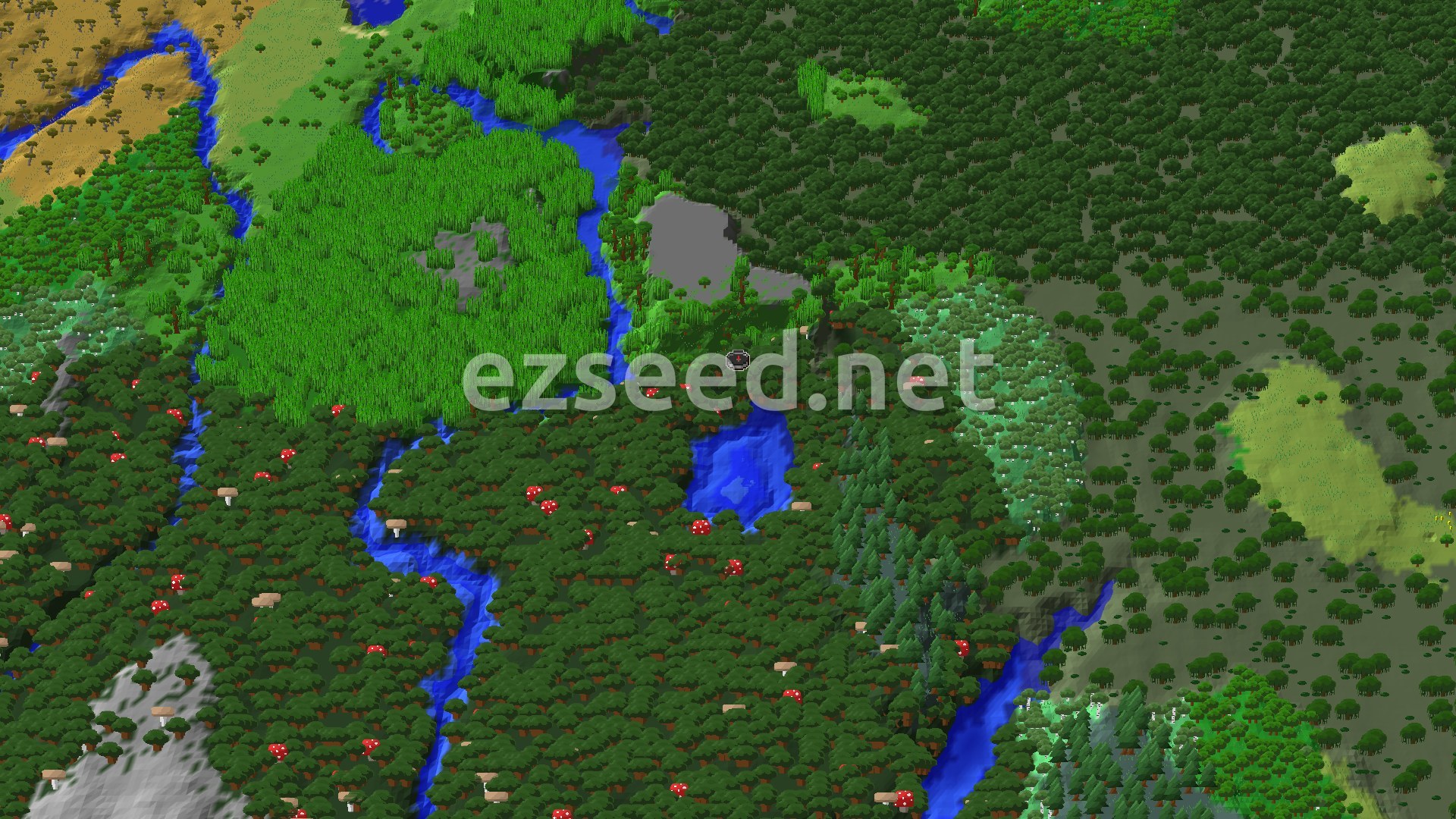 A dense dark forest dominates the foreground, with rivers winding through it, and patches of lighter green biomes visible in the distance under a clear sky.