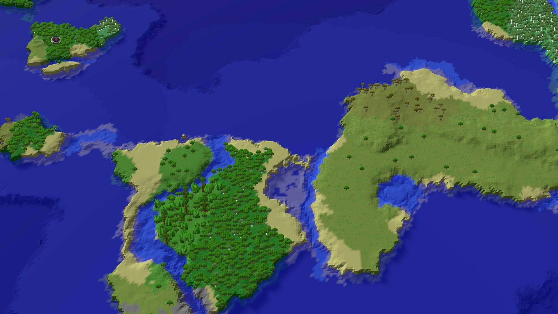 Aerial Minecraft seed map — Forest Spawn with Nearby Ocean Adventures and a Trial