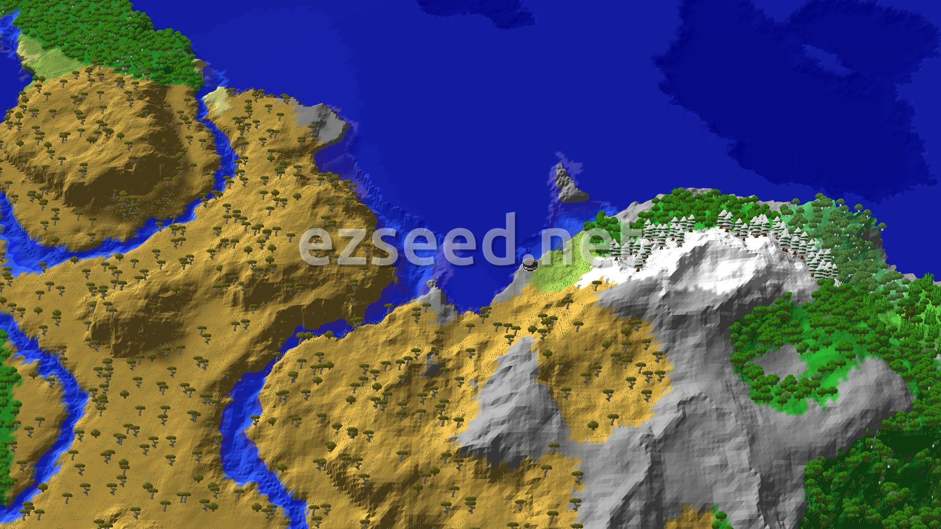 Aerial Minecraft seed map — Savanna Hills, Ocean, and Nearby Ancient City