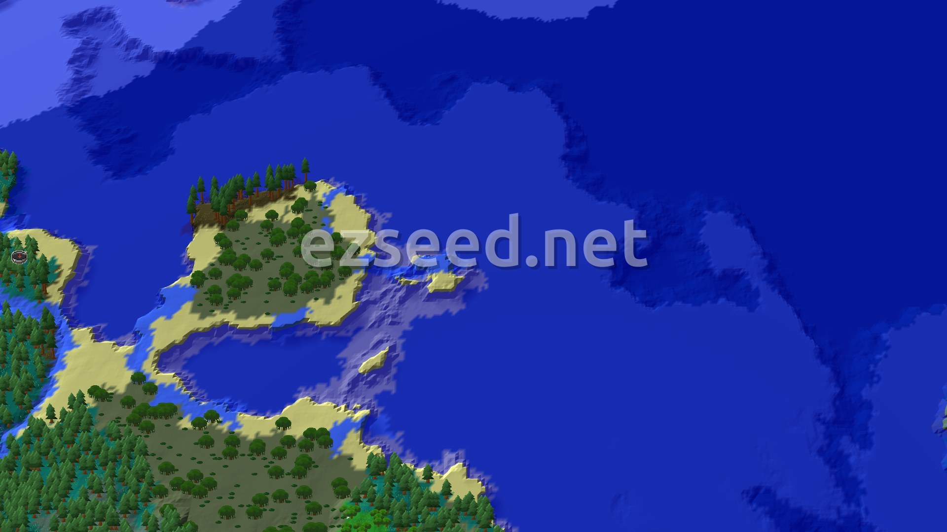 Aerial Minecraft seed map — Taiga Spawn with Nearby Trial Chambers and Ocean