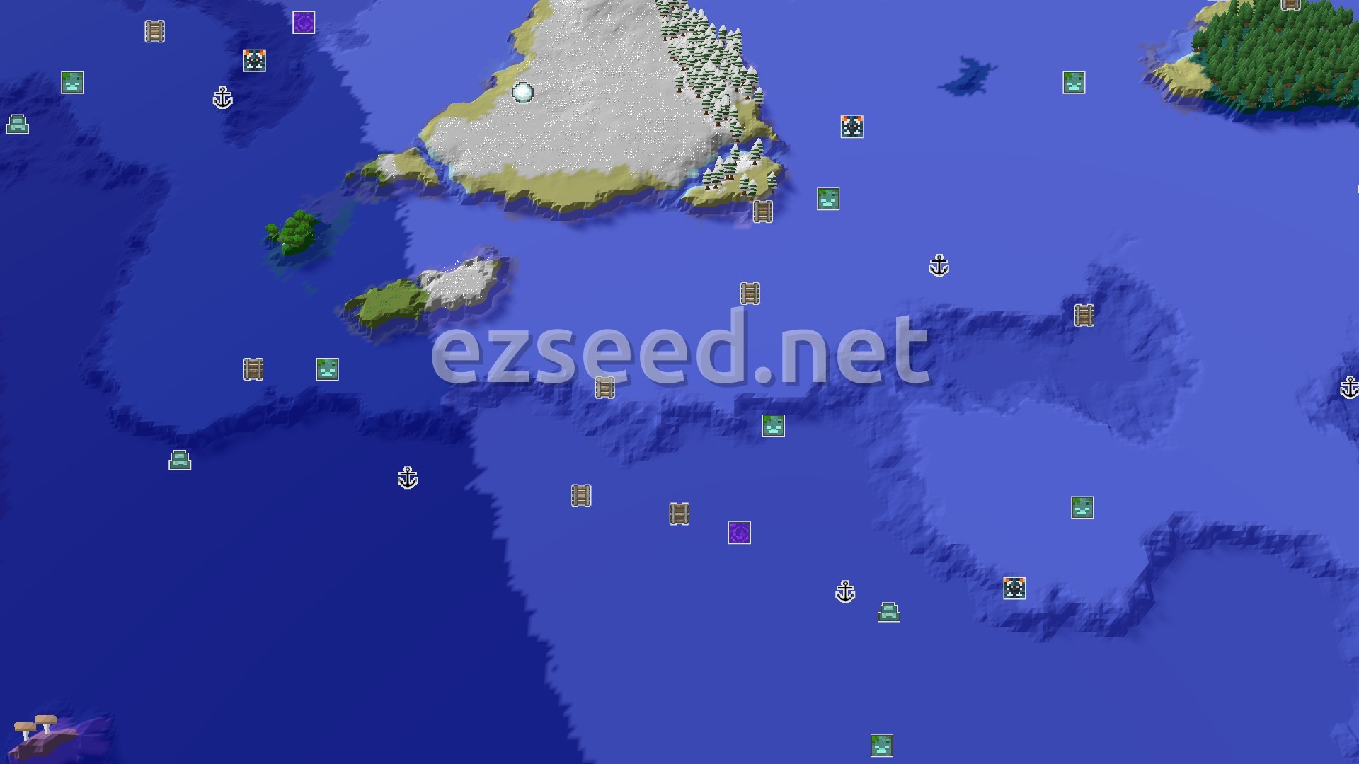 Aerial Minecraft seed map — Spawn in a Snowy Expanse with a Mushroom Fields Nearby