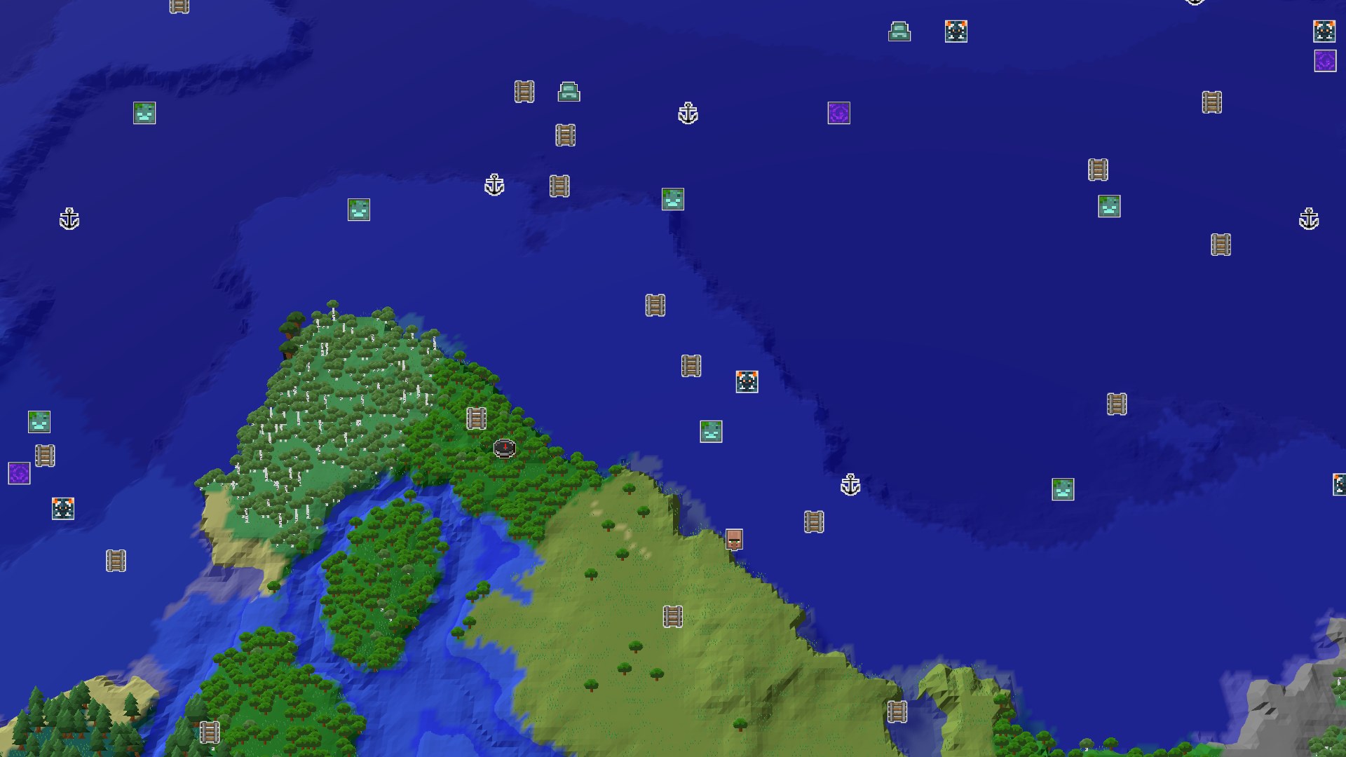 A bird's eye view of a large island covered in forests, with a prominent Old Growth Birch Forest hill to the northwest. The island is surrounded by deep blue ocean, with smaller forested landmasses visible in the distance.