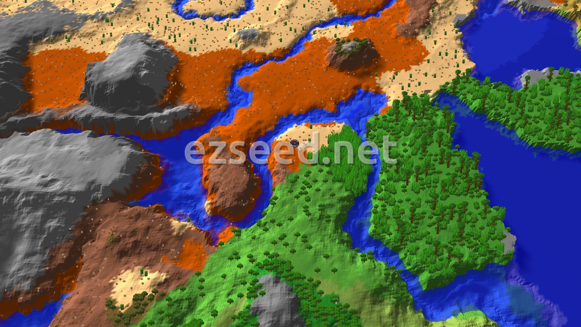 Aerial Minecraft seed map — Wooded Badlands Spawn with Close Jungle Temple