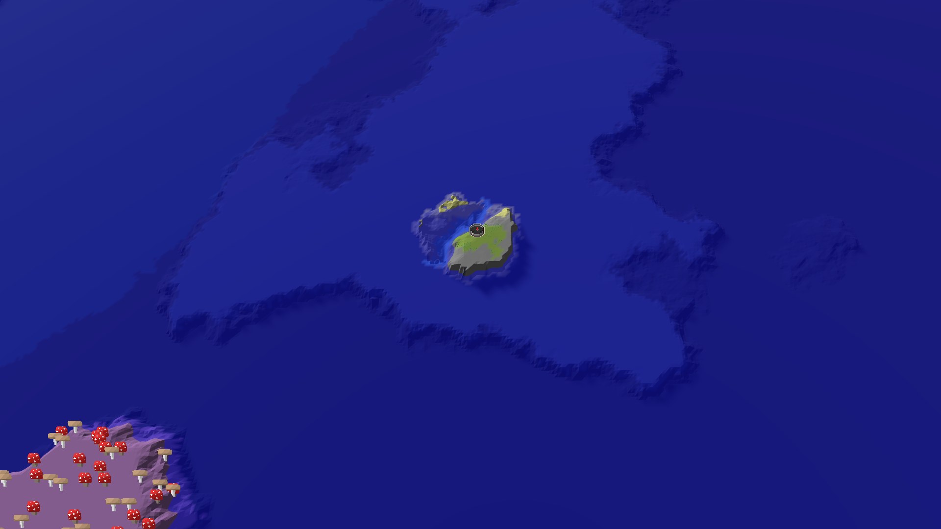 Aerial Minecraft seed map — Spawn on a Small Island with a Mushroom Fields Nearby