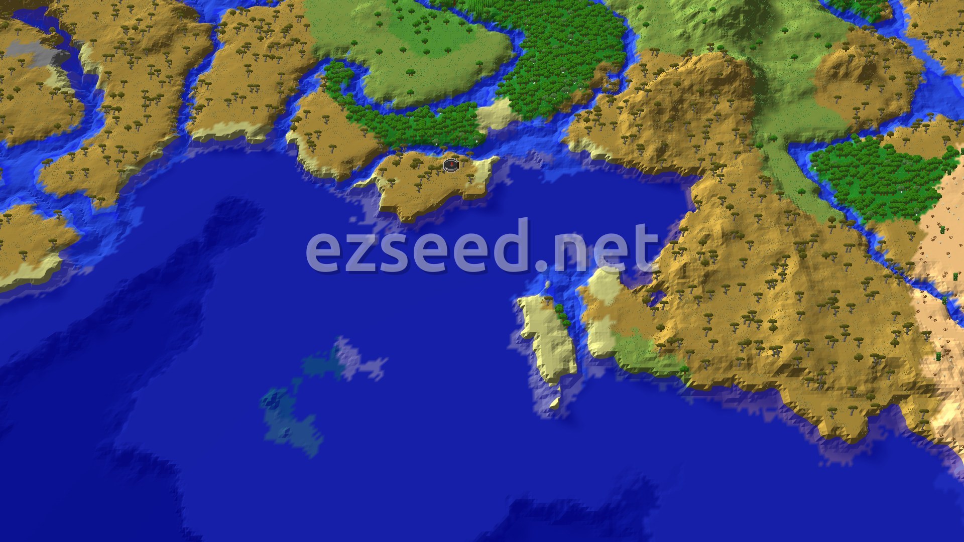 Aerial Minecraft seed map — Spawn in Savanna with an Ancient City Nearby