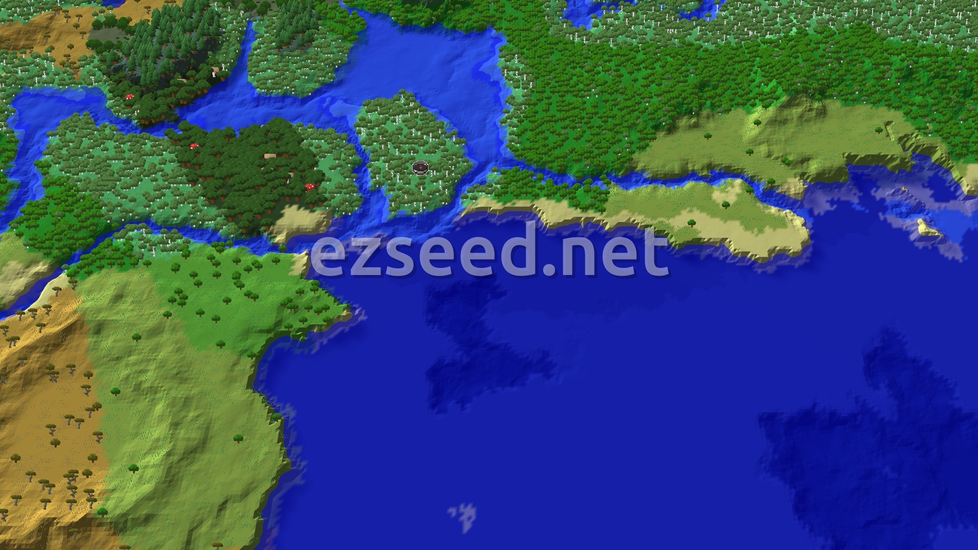 A bird's-eye view of a diverse landscape featuring a mix of green forests, light-colored beaches, and expansive blue oceans and rivers. The spawn point is marked in a birch forest.