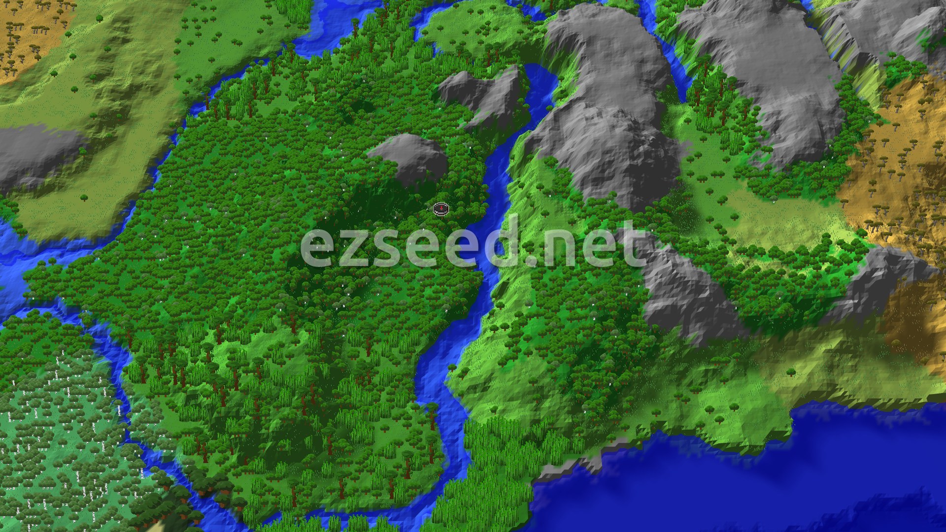 A bird's-eye view of a dense forest biome with a wide river running through it, flanked by some stony peaks and a patch of sandy biome in the distance.