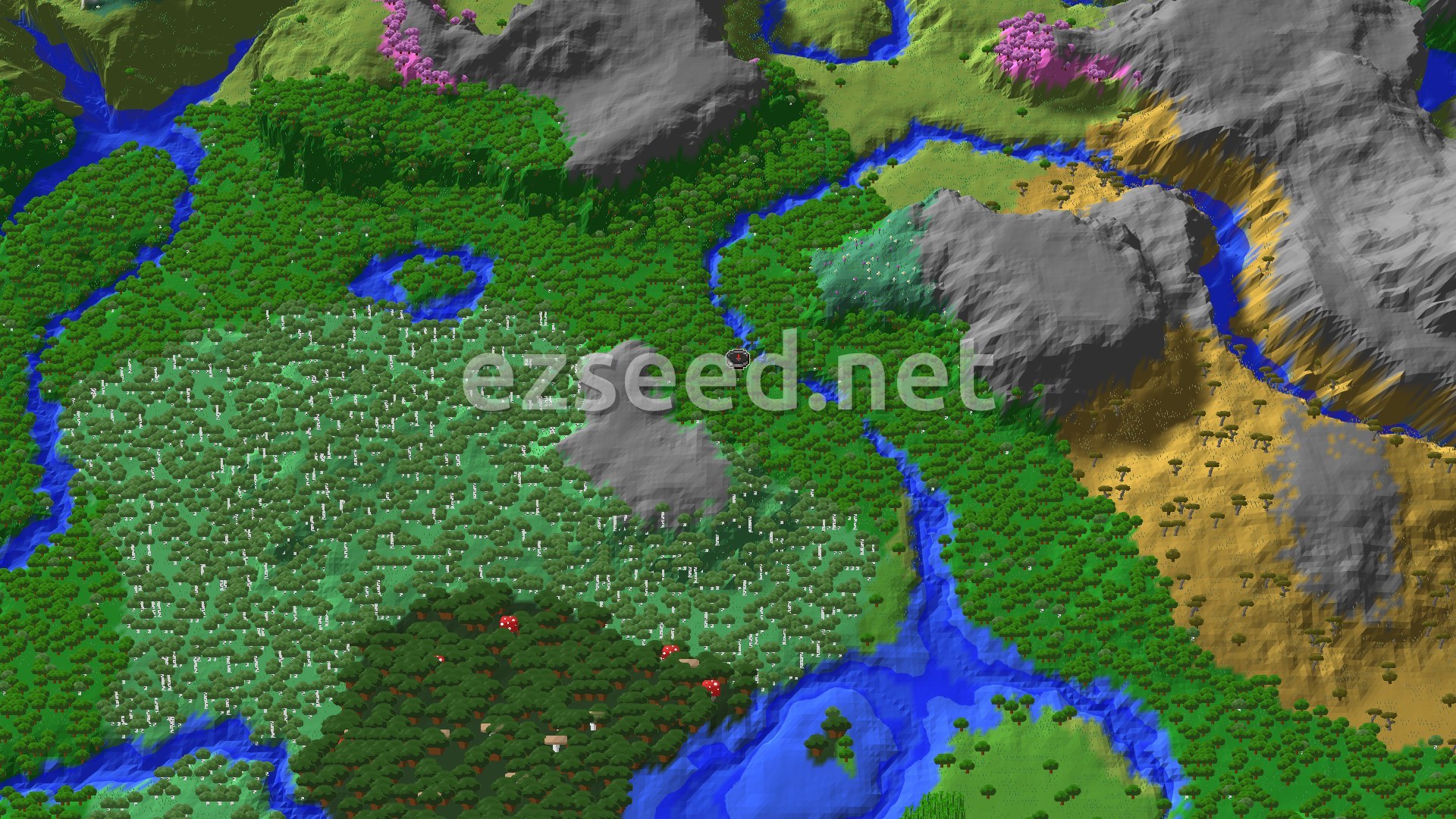 Aerial Minecraft seed map — Forest Spawn with Nearby Ancient City and Cherry Grove