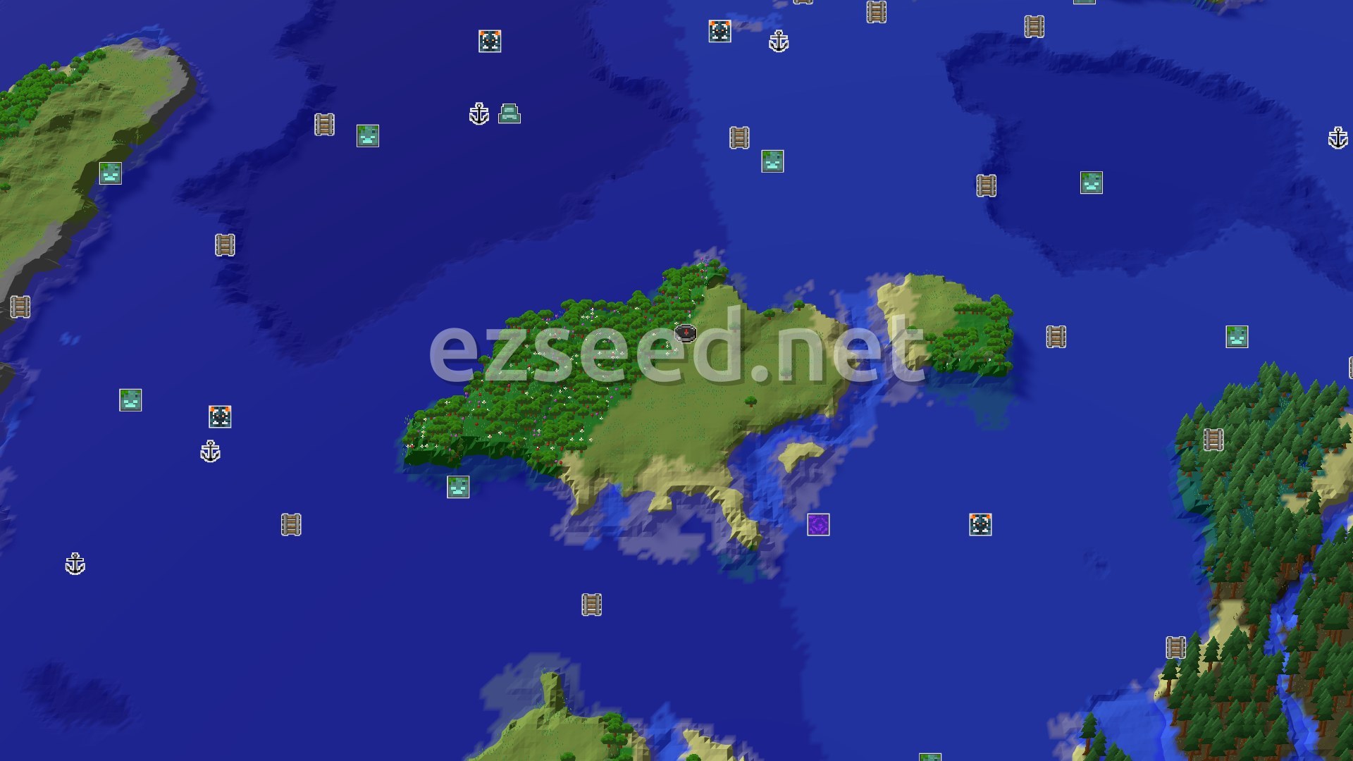 Aerial Minecraft seed map — Ocean Island Start with Nearby Portal and Trial Chambers