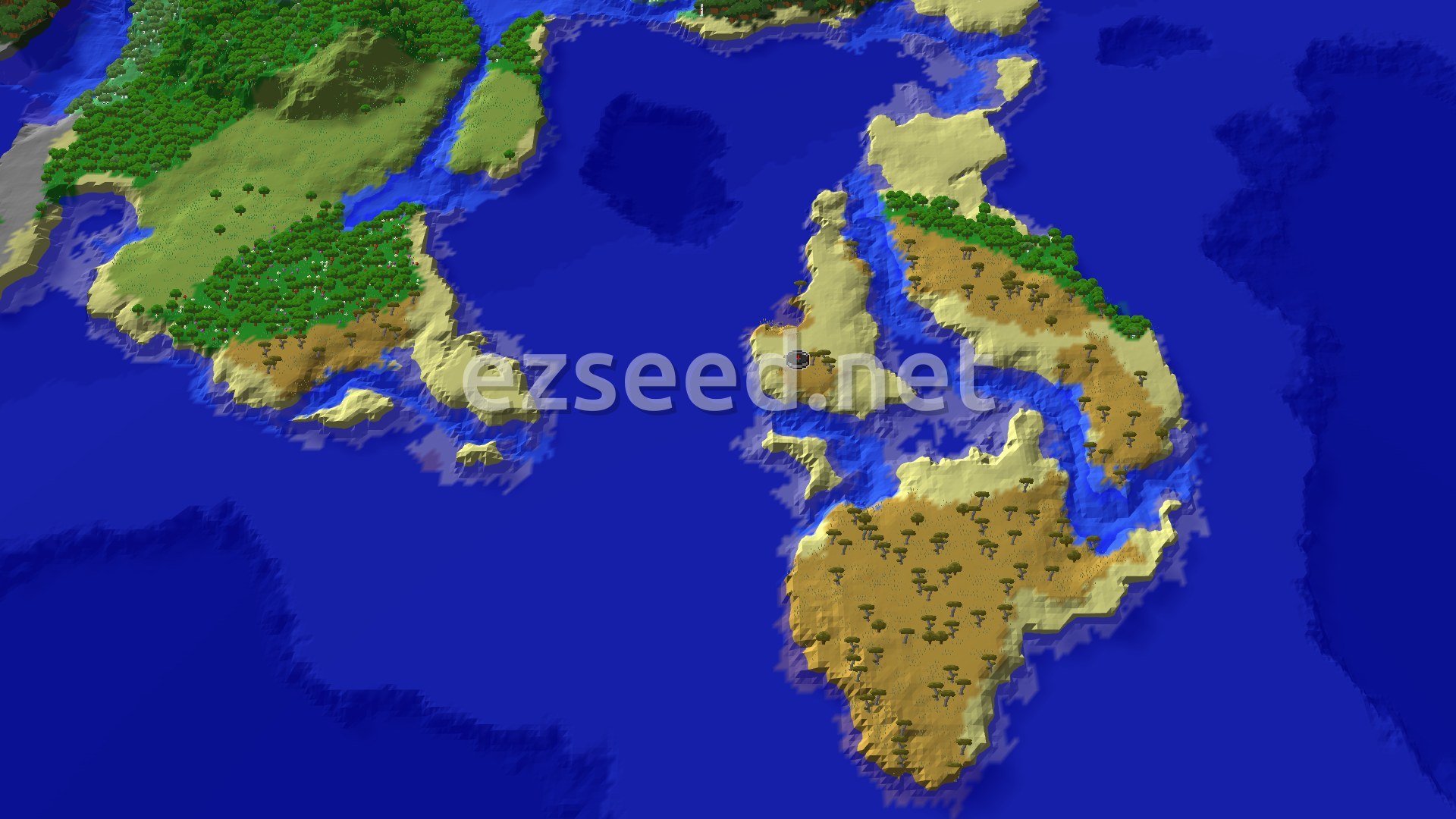 Aerial Minecraft seed map — Savanna Coastal Spawn with Nearby Trial Chambers